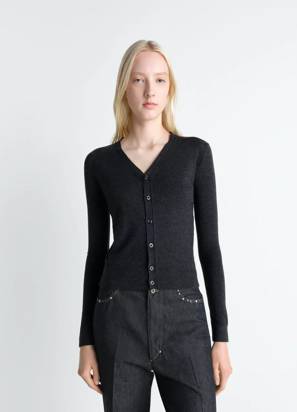 V NECK BUTTONED CARDIGAN IN FINE WOOL | Anthracite Melange |  $790.00 CAD