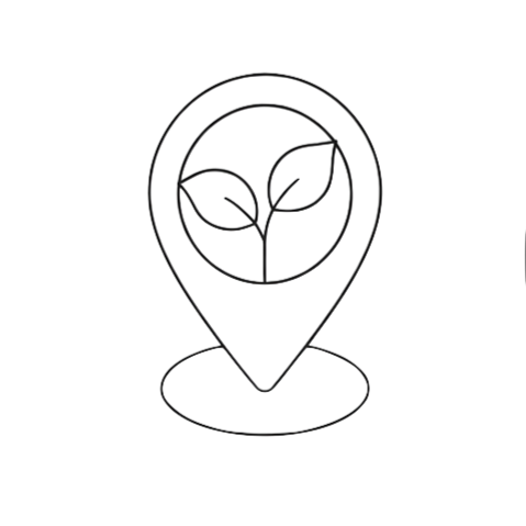 Line drawing of a location pin with a plant inside it