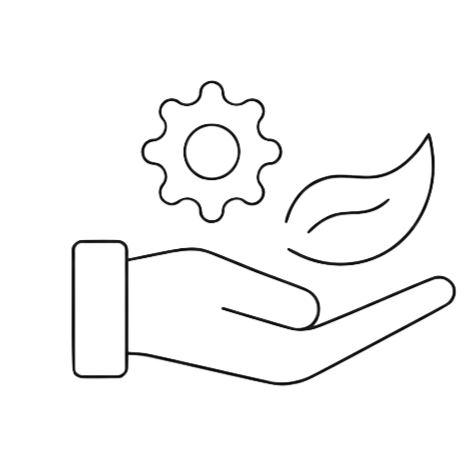 Outline of a hand holding a leaf with a gear above it, representing environmental sustainability.