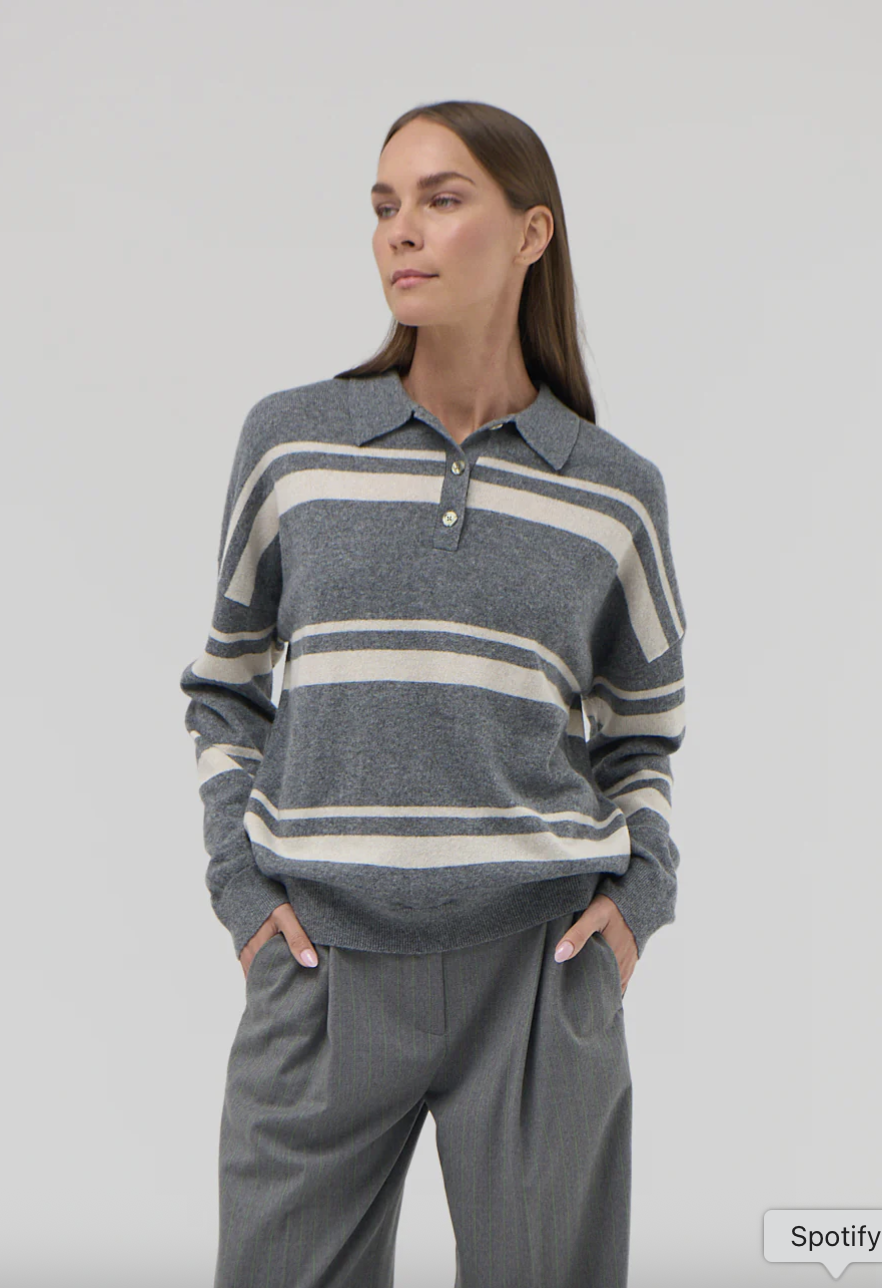 CASHMERE STRIPED POLO | PEBBLE AND EGGSHELL | $759.00