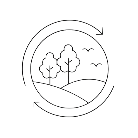 Line drawing of two trees on a hill with two birds flying in the sky, surrounded by cycling arrows representing recycling.