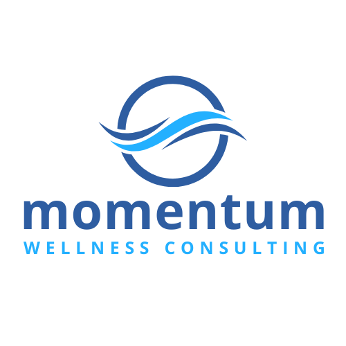 Company logo for Momentum Wellness Consulting featuring a stylized circular symbol with swoosh lines and the text 'momentum WELLNESS CONSULTING' in blue.