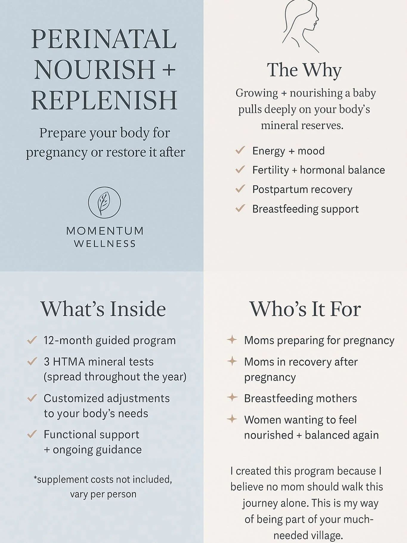 A digital informational graphic about perinatal nourishment and replenishment for pregnancy and postpartum support. It includes sections on the program's purpose, benefits of growing and nourishing a baby, what is inside the program, who it's for, and a logo of Momentum Wellness.