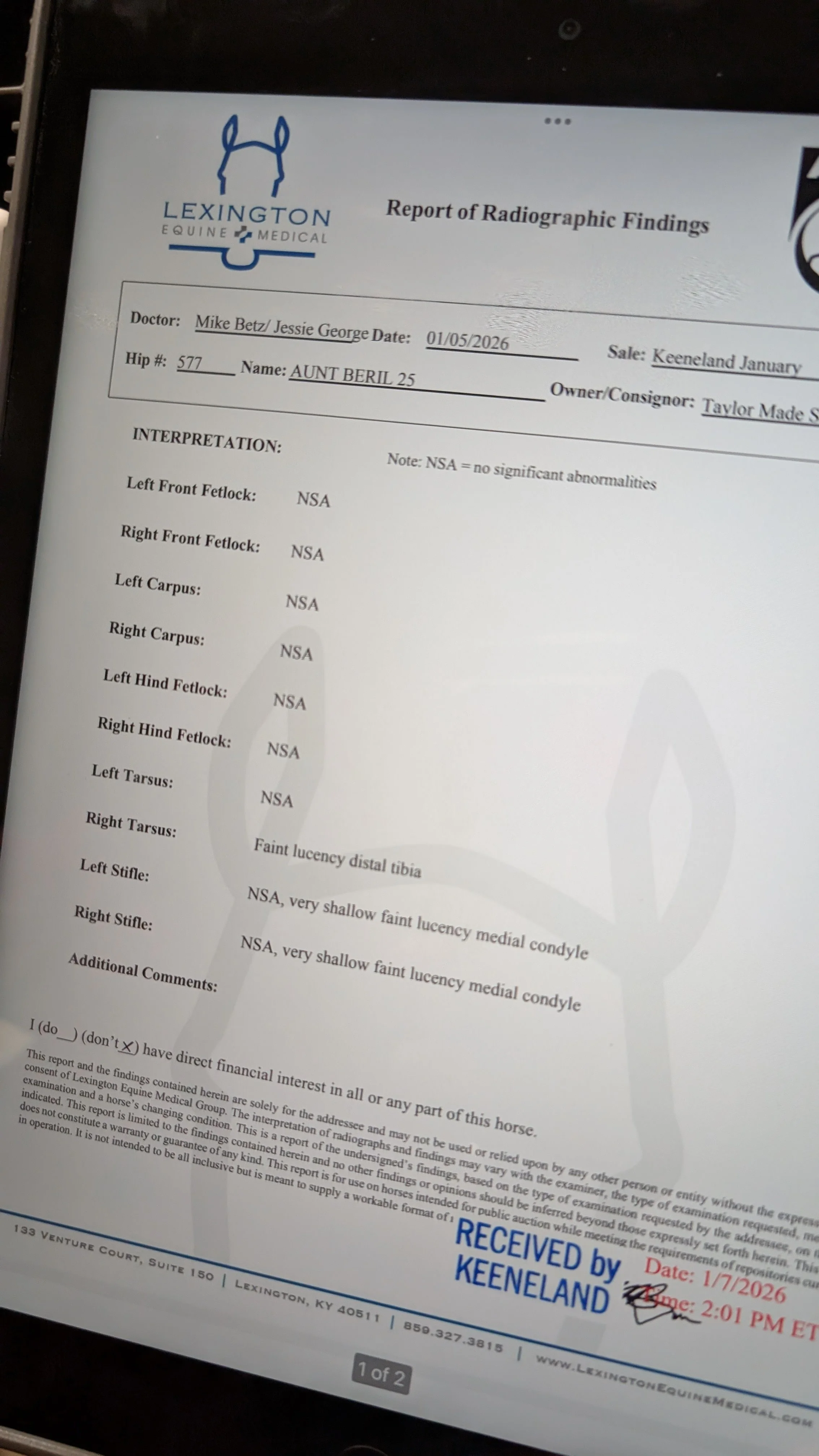 X-Ray report from the sale
