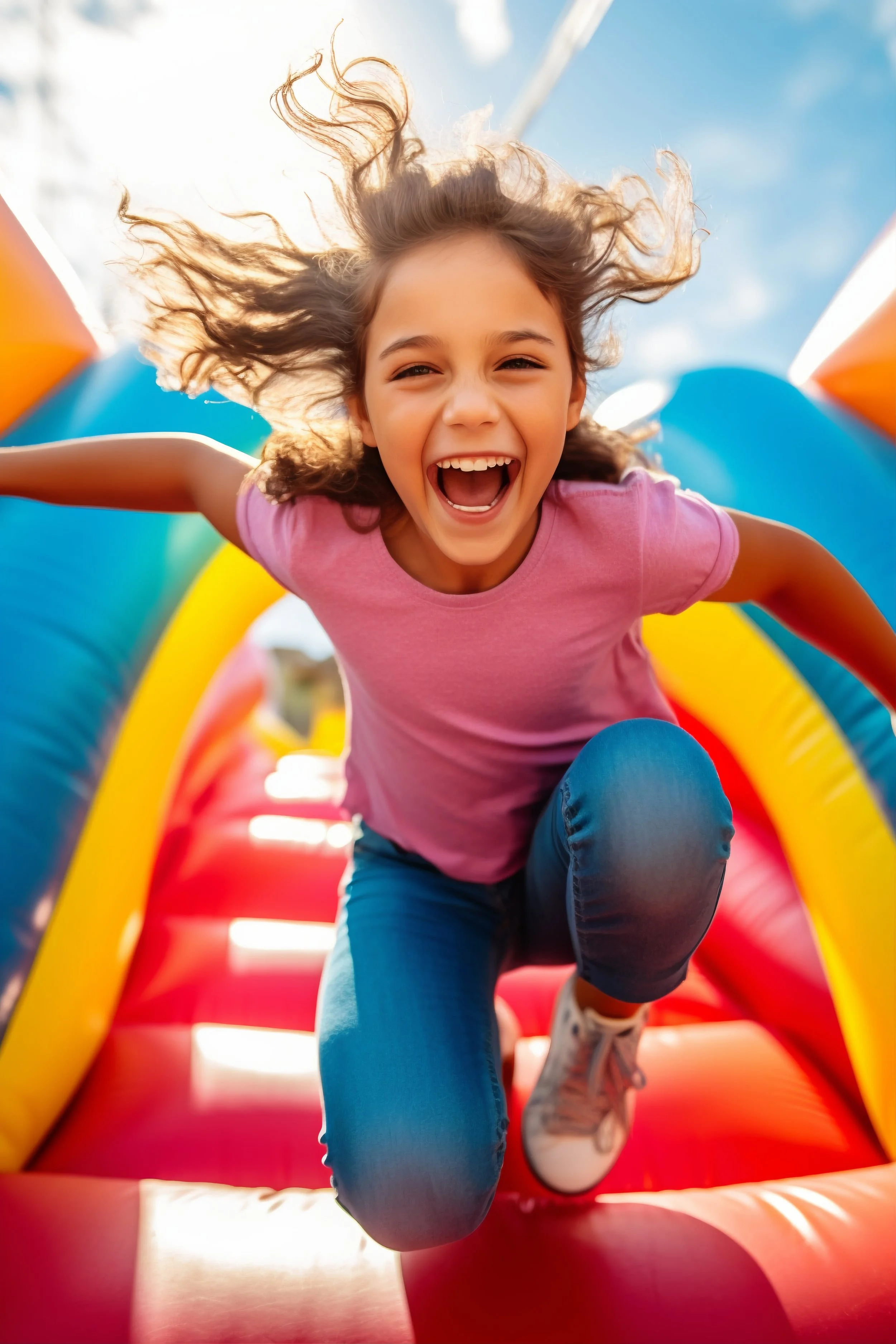 Happy child jumping on a colorful inflatable bounce house.