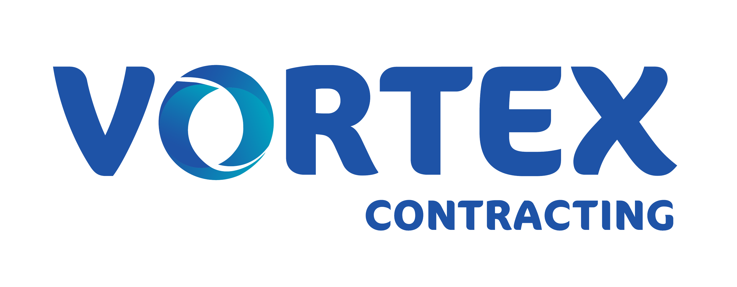 Vortex Contracting logo with blue text and a swirl design inside the letter 'O'.