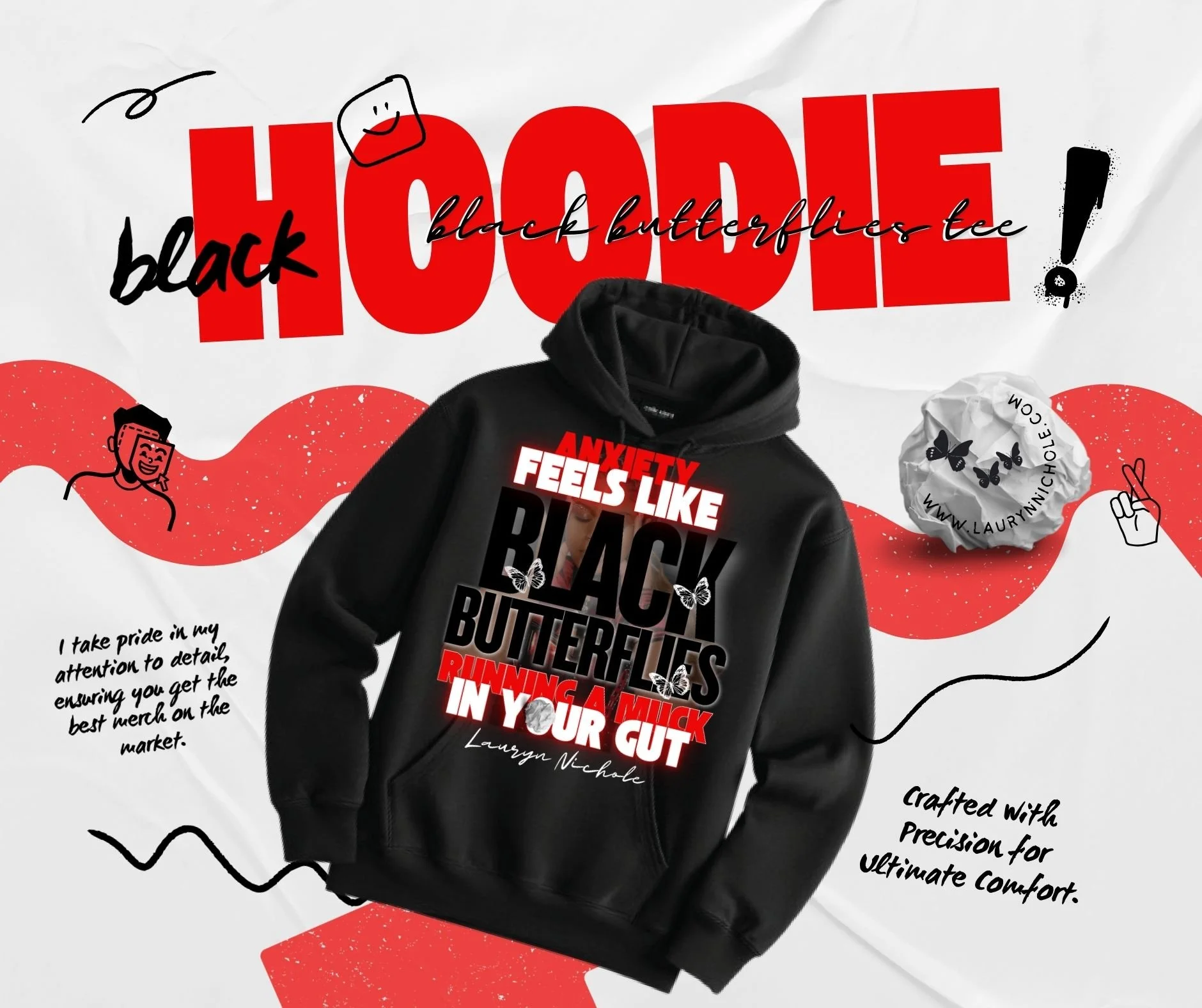 Anxiety Feels like Black Butterflies — HOODIE (FREE SHIPPING)