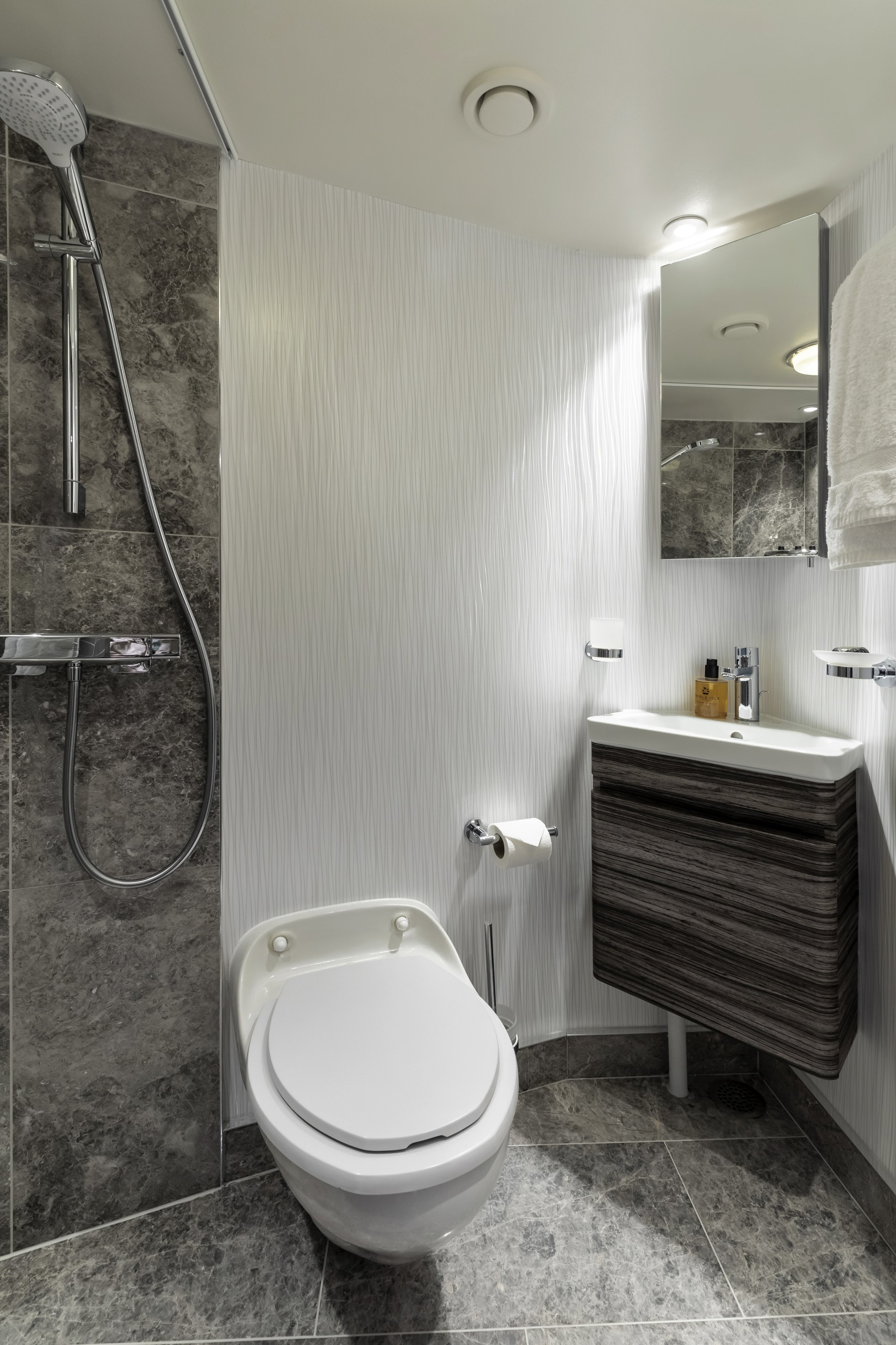 Modern bathroom with a wall-mounted toilet, a shower on the left, and a small vanity with a mirror on the right, featuring dark wood cabinet and toiletries.