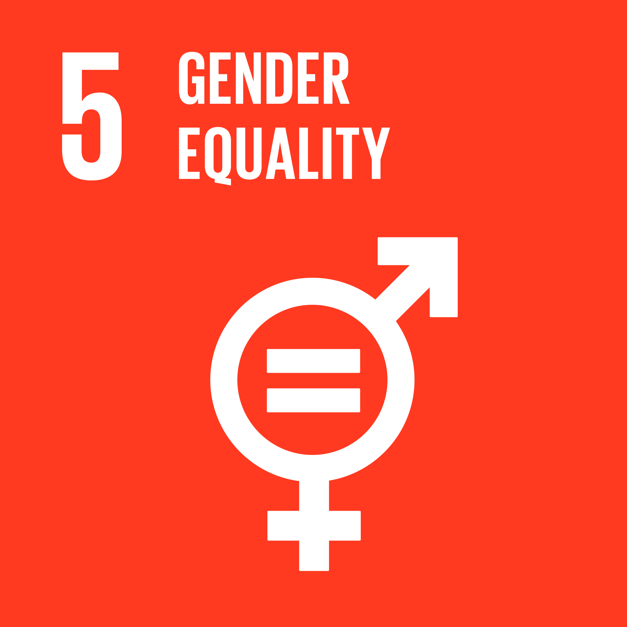 A graphic representing gender equality, with the number five and gender symbols for male and female, emphasizing the goal of gender equality.