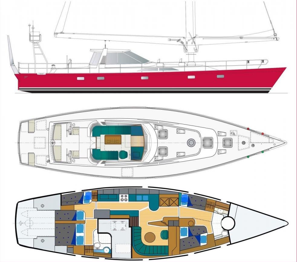 Blueprint of a yacht showing side profile, top view, and interior layout with cabins, seating, and amenities.
