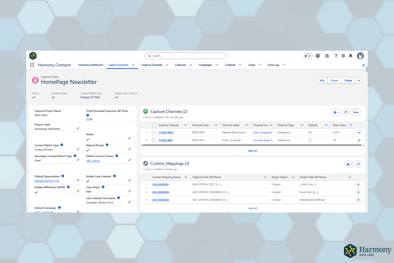 Customize how Harmony Contacts queries existing contact data. Prevent duplicate contacts before they happen. Configure field mappings and query logic from a single page.