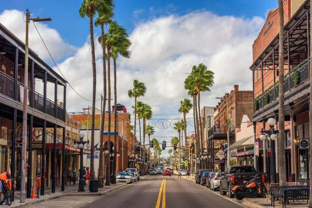 City street lined with palm trees, brick buildings with shops and apartments, parked cars, street lamps, and people walking on the sidewalk under a partly cloudy sky.