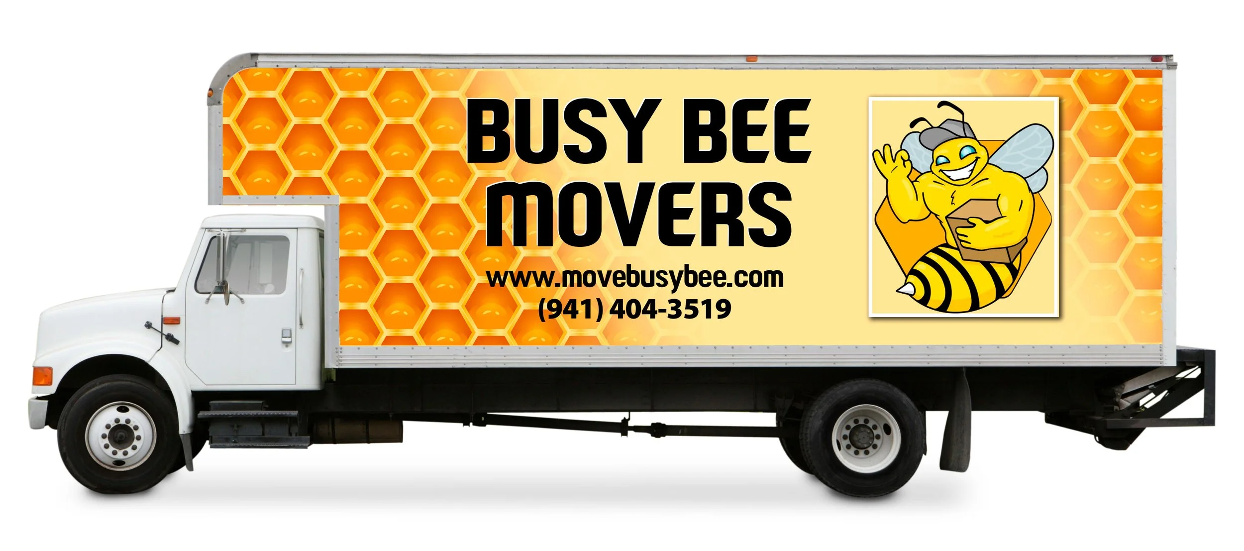 Moving truck with a yellow honeycomb background and a cartoon bee holding a box, text reading Busy Bee Movers with website and phone number.