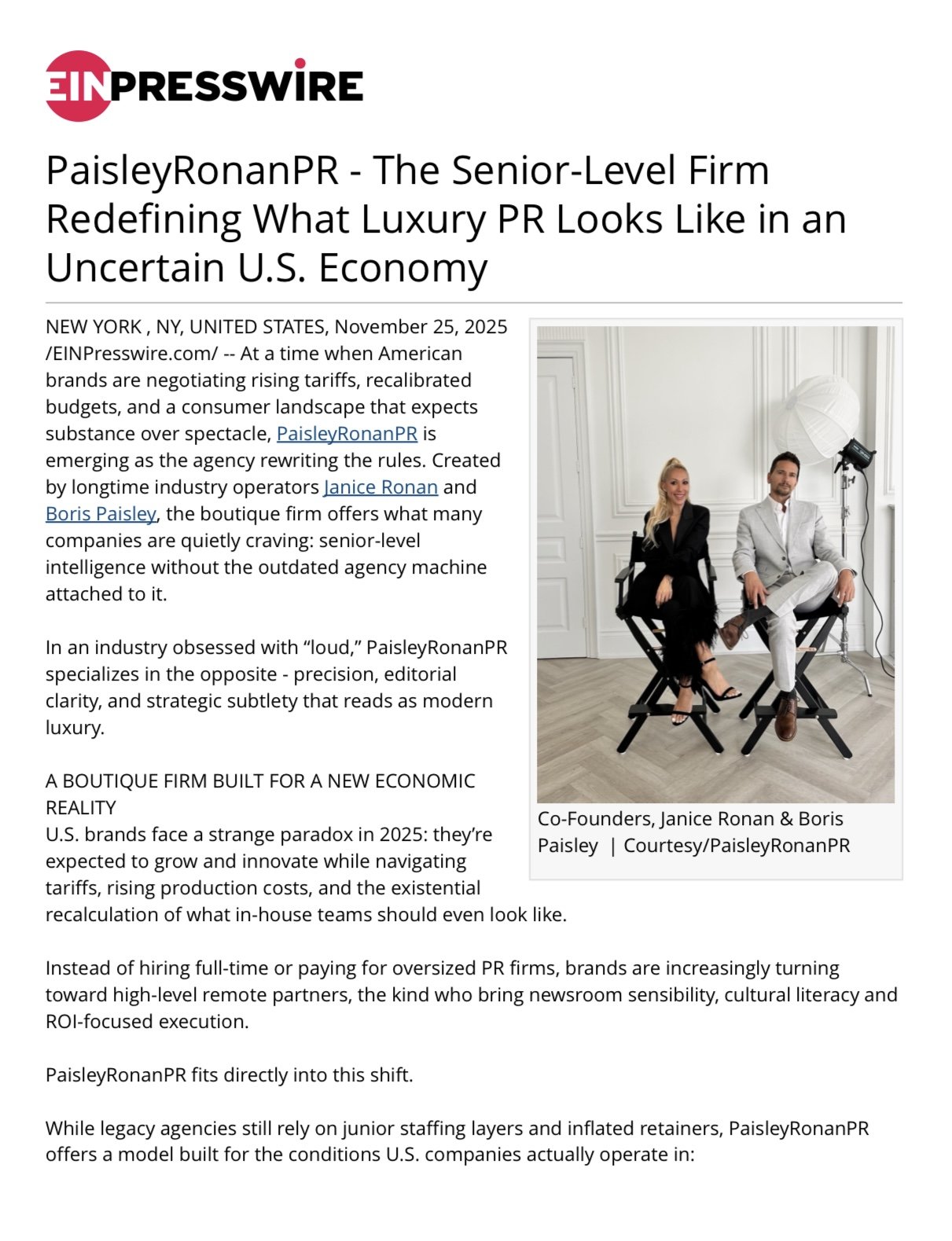 Photo of Janice Ronan and Boris Paisley, co-founders of PaisleyRonanPR, featured in a newswire.