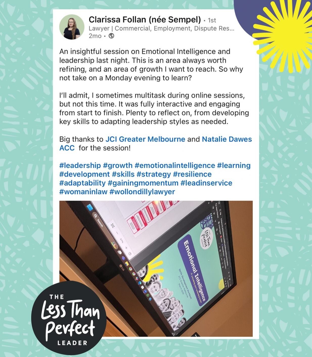 This feedback had me thrilled! 
The big risk of online training is the endless distractions, so to hear that a recent participant was so completely immersed in the program is fantastic. Thanks again to @jci_greatermelbourne for the invite. 

Keen for