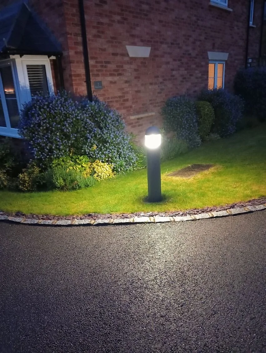 A garden with purple flowers, bushes, and grass illuminated by a bright pathway light next to a brick house at night.