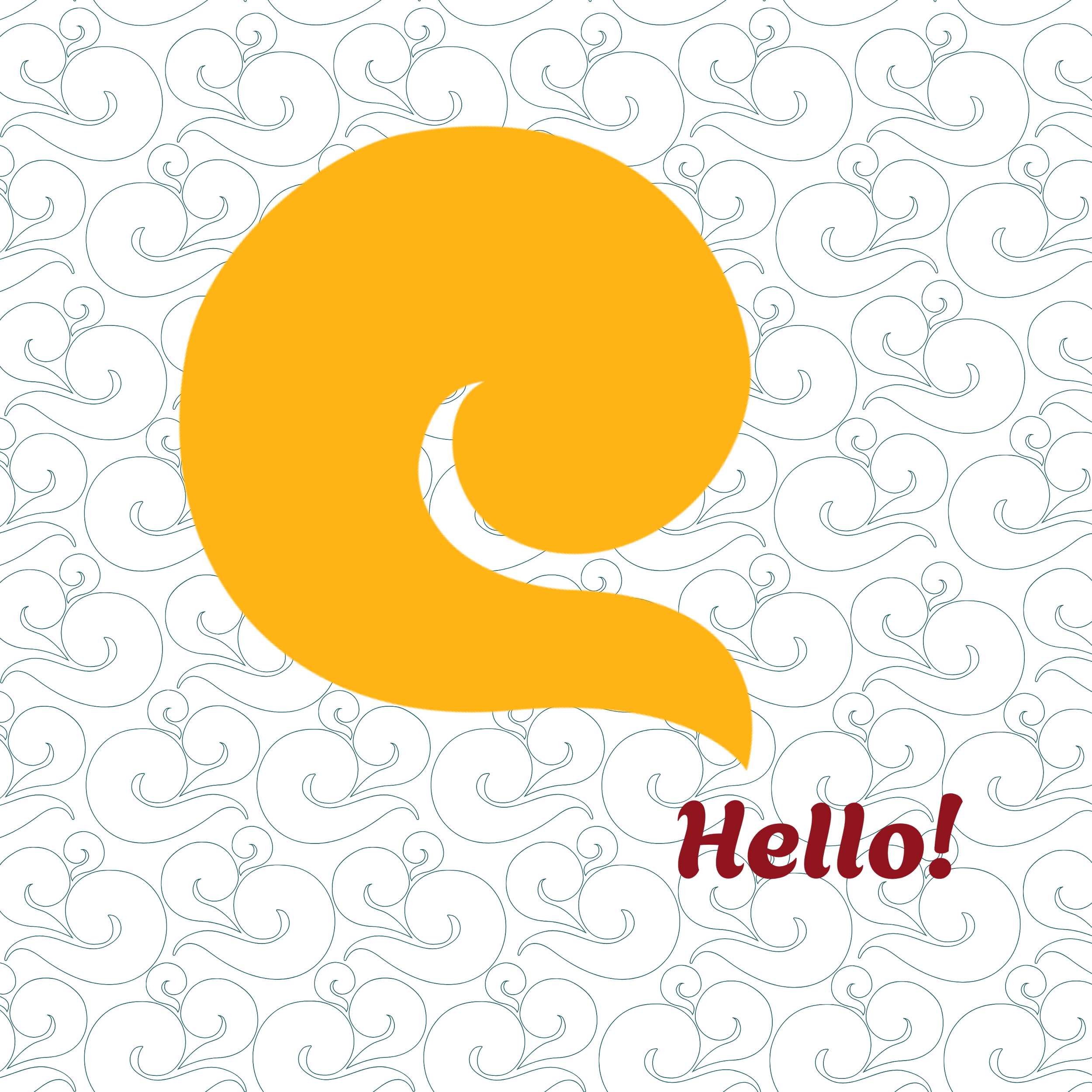 A greeting card with a black background featuring a pattern of swirling blue lines. A large yellow sun graphic and red text saying 'Hello!' are visible on the card.