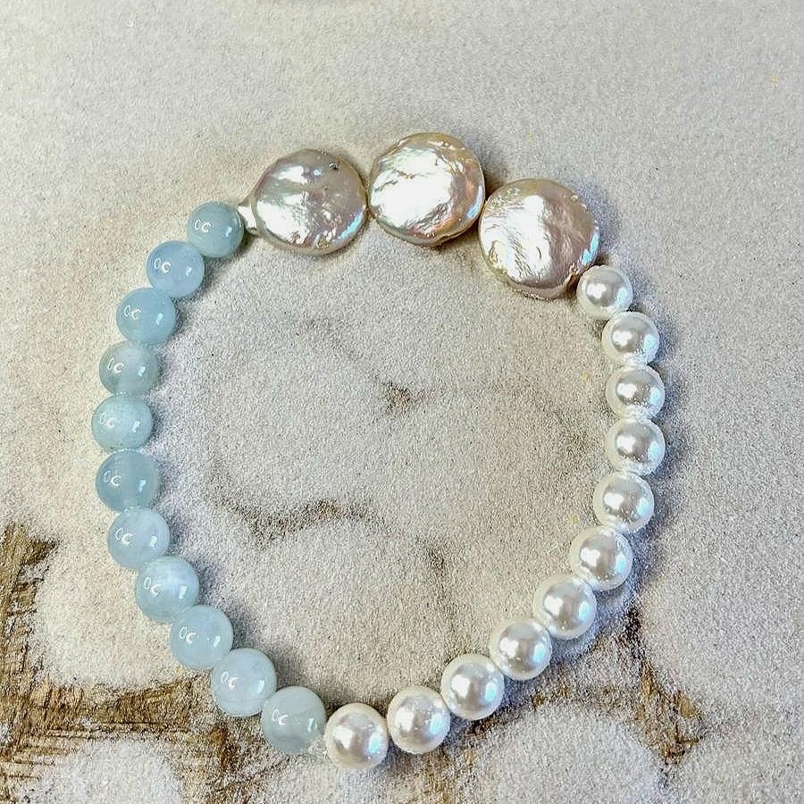 Handgemachtes Armband Perlmutt, Süßwasserperle & Aquamarin