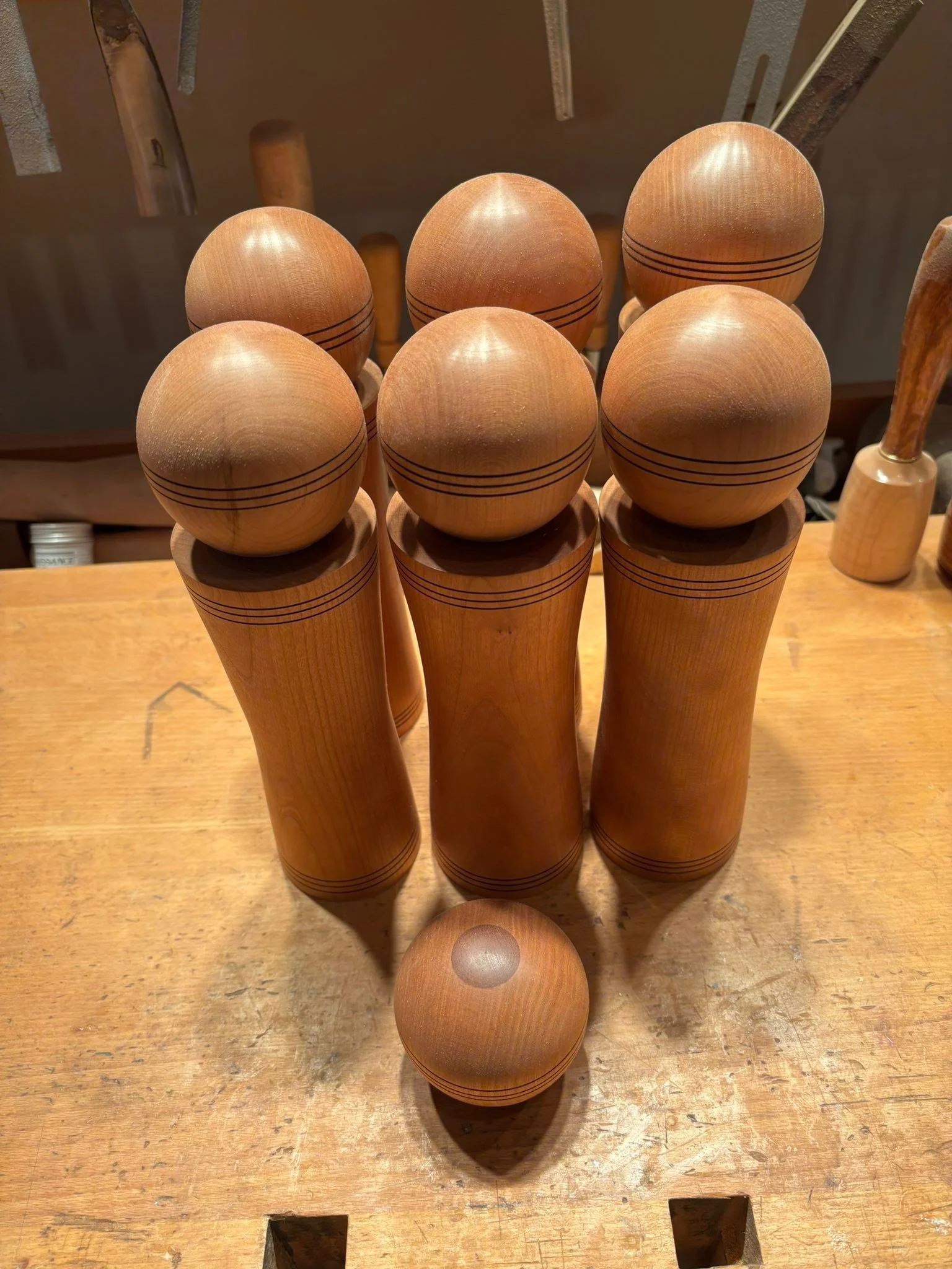 Six more grinders done. I was experimenting with different top designs to possibly distinguish the pepper from salt. Let’s just say, some designs may not meet my expectations. I think this one might be a bit too “breast” like. I can