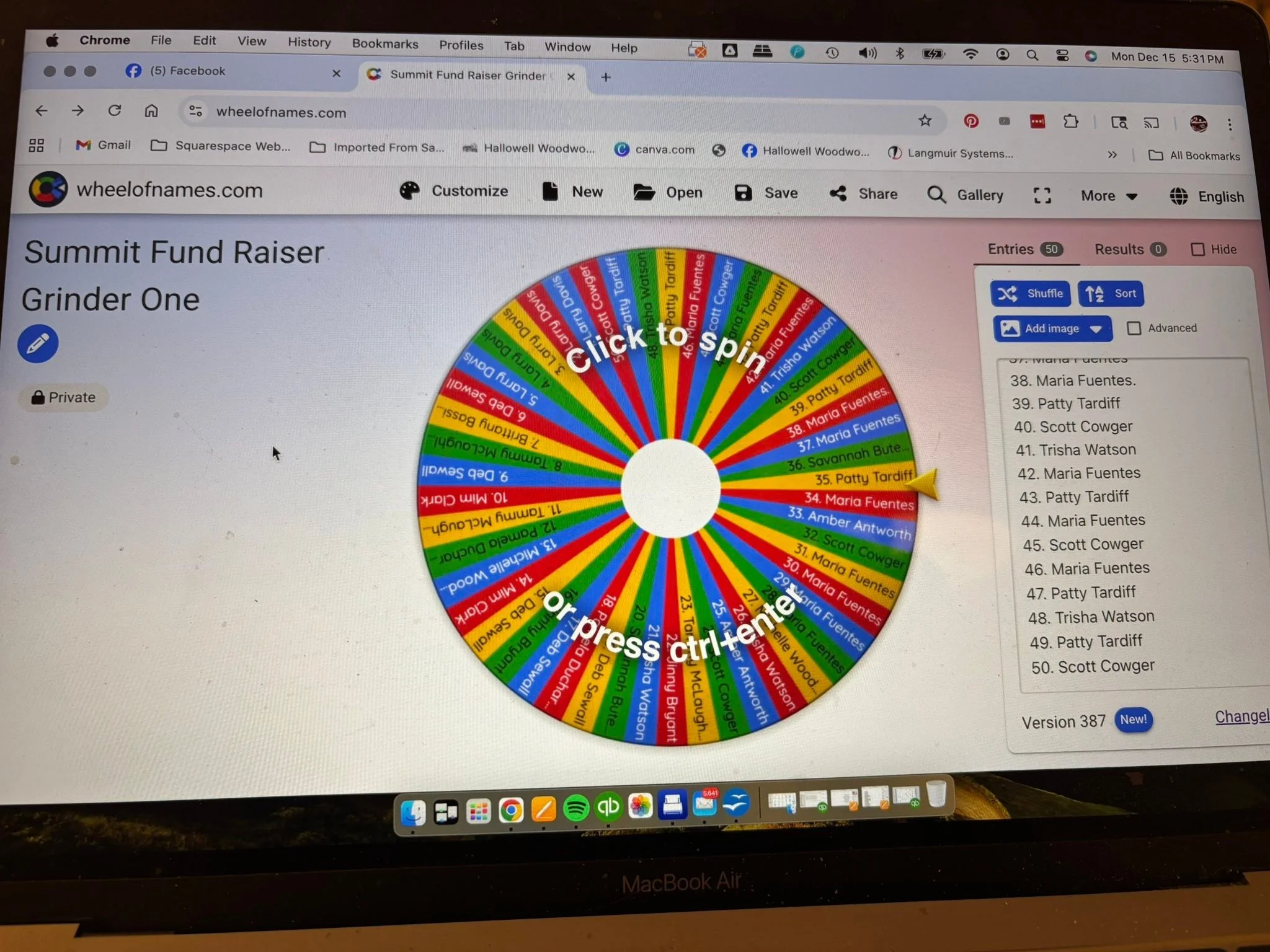 Two random name selectors are loaded. Raffles will take place Thursday evening. Good luck and thanks for helping this family!