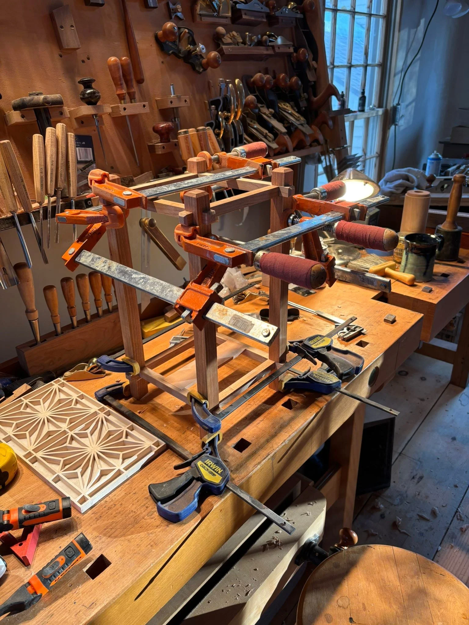 Made good progress today. Cherry frame all fitted and glued up. All that&rsquo;s left is wiring, apply finish and final press fitting of the Kumiko panels.