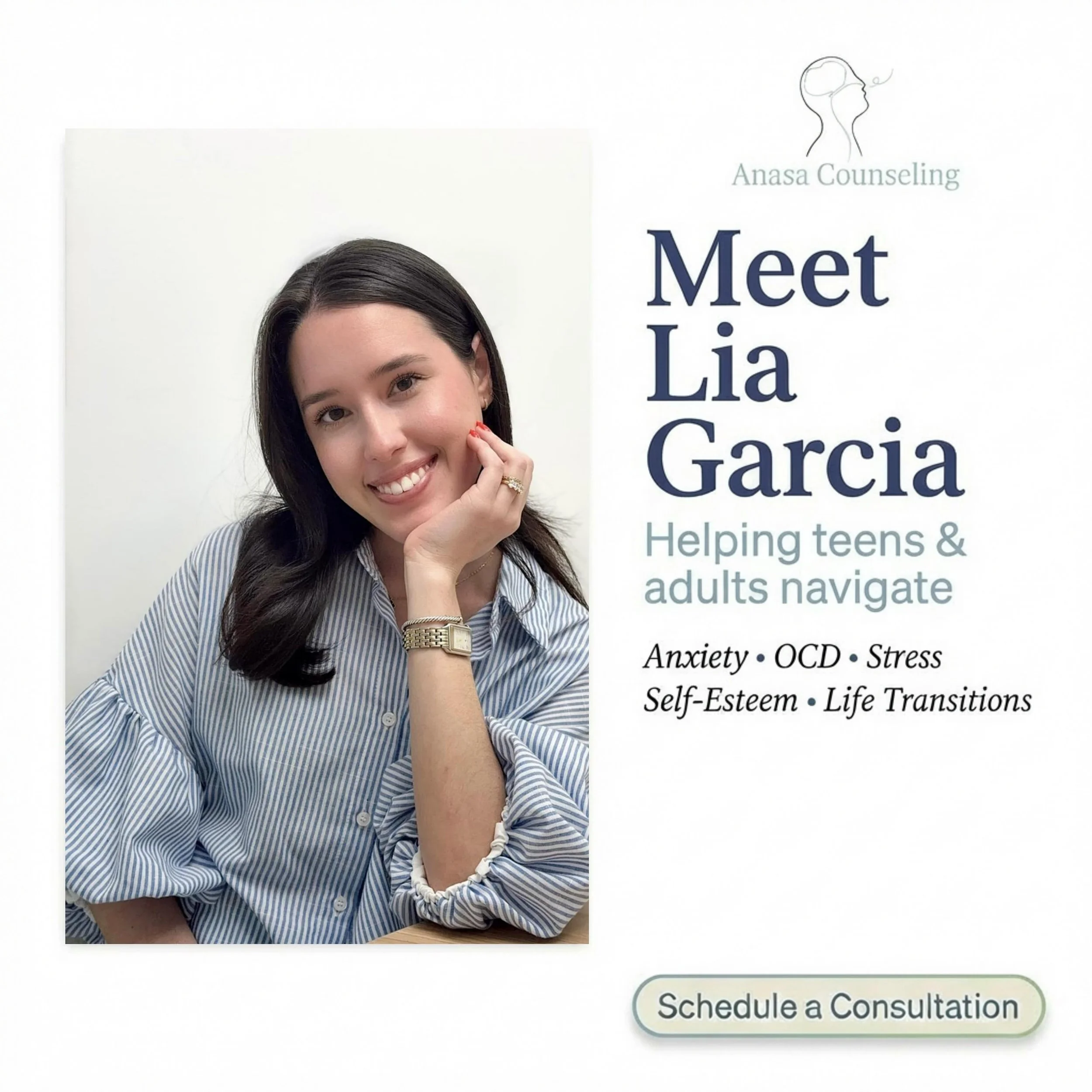 We&rsquo;re so excited to welcome Lia Garcia to the team at Anasa Counseling. 🌿

Lia works with teens and adults who are navigating anxiety, stress, OCD, life transitions, self-esteem challenges, and relationship difficulties. She&rsquo;s passionate