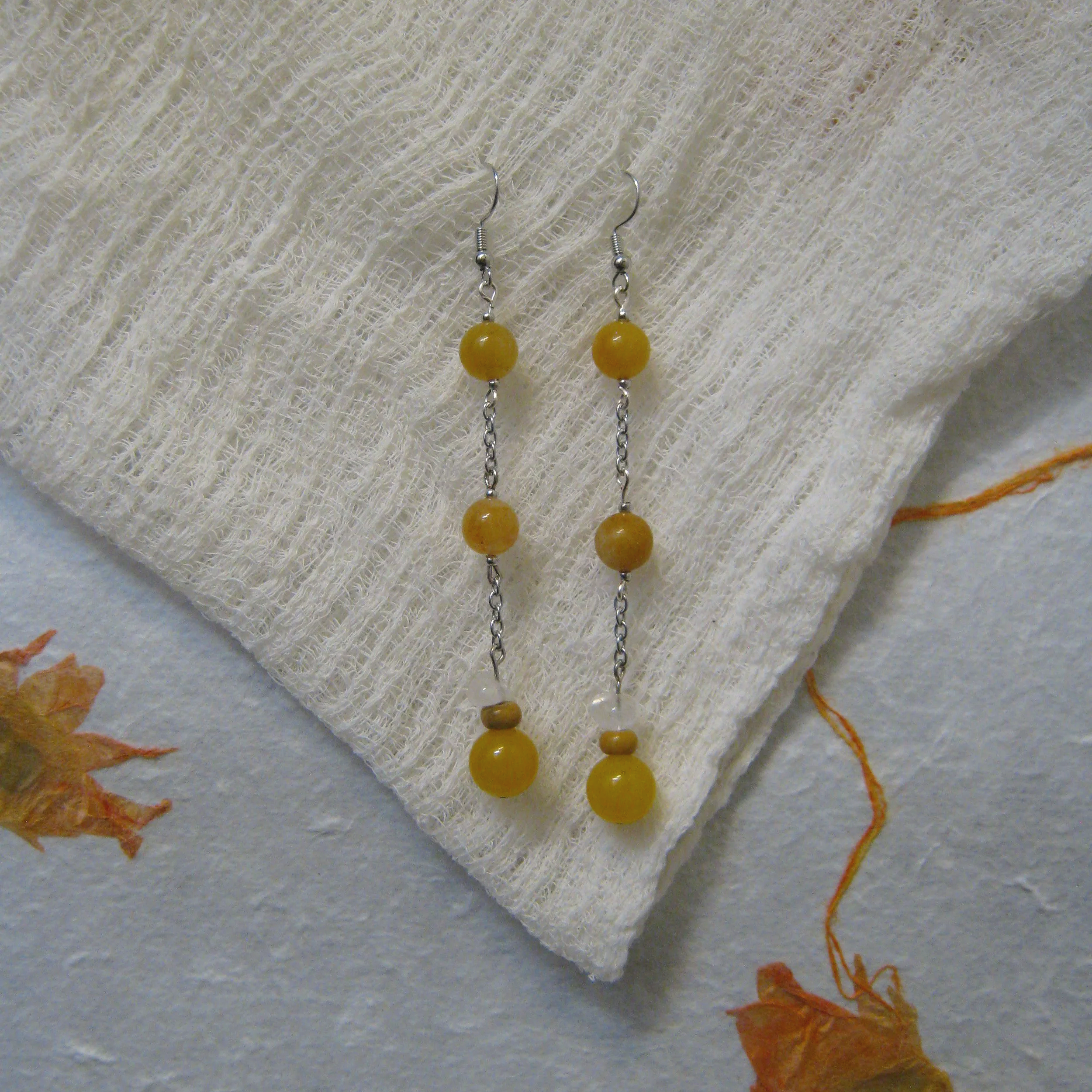Yellow Imperial Jade with Picasso Jasper Dangle Drop Earrings - $12 | Yellow Light Imperial Jade is associated with wealth, prosperity, and joy. It is a stone of optimism and light. In certain cultures, it can represent good fortune, loyalty, and enh
