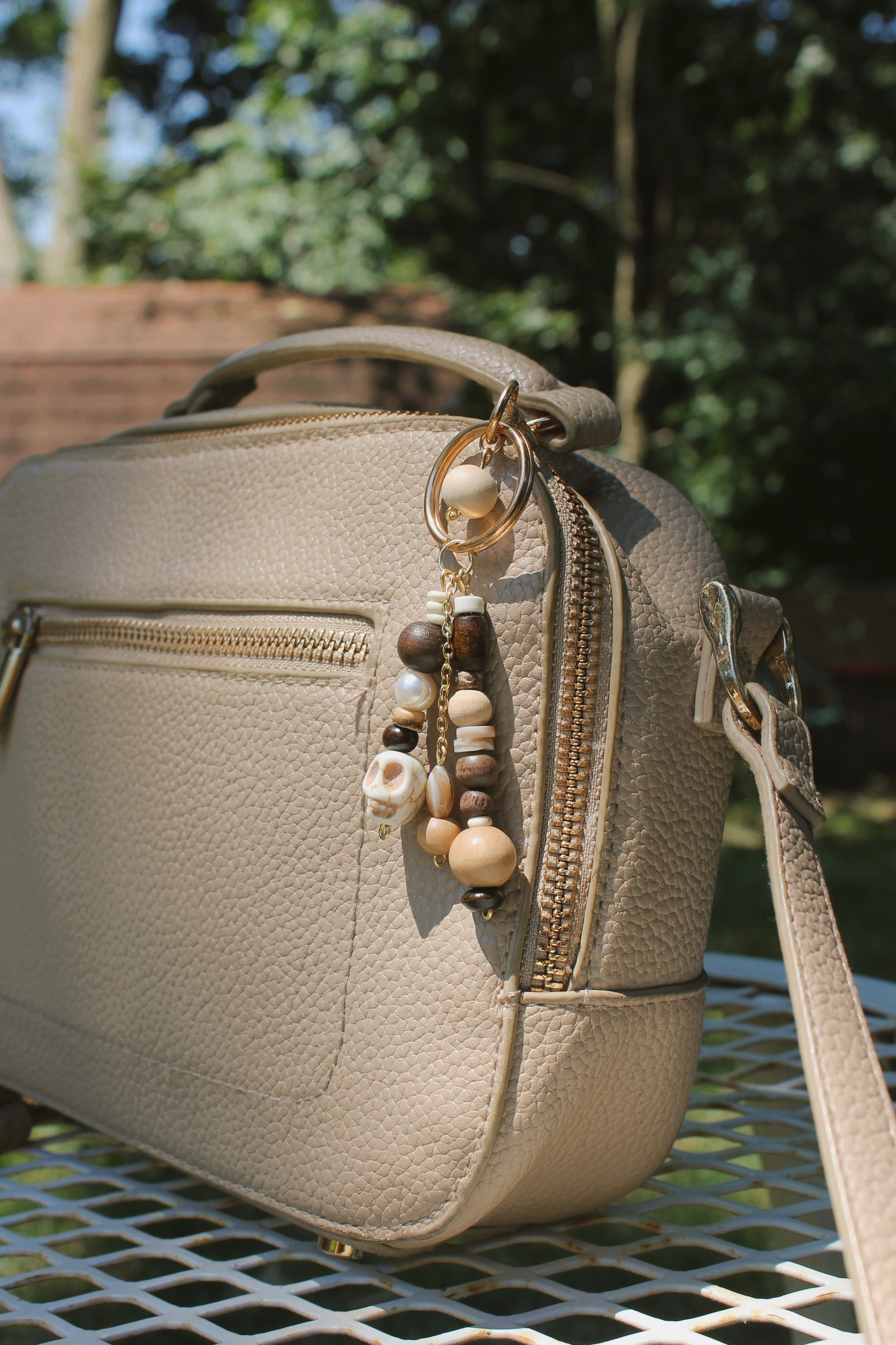"Wooded Isle" Bag Charm in Gold Finishings - $20 | Stones: Wooden Beads