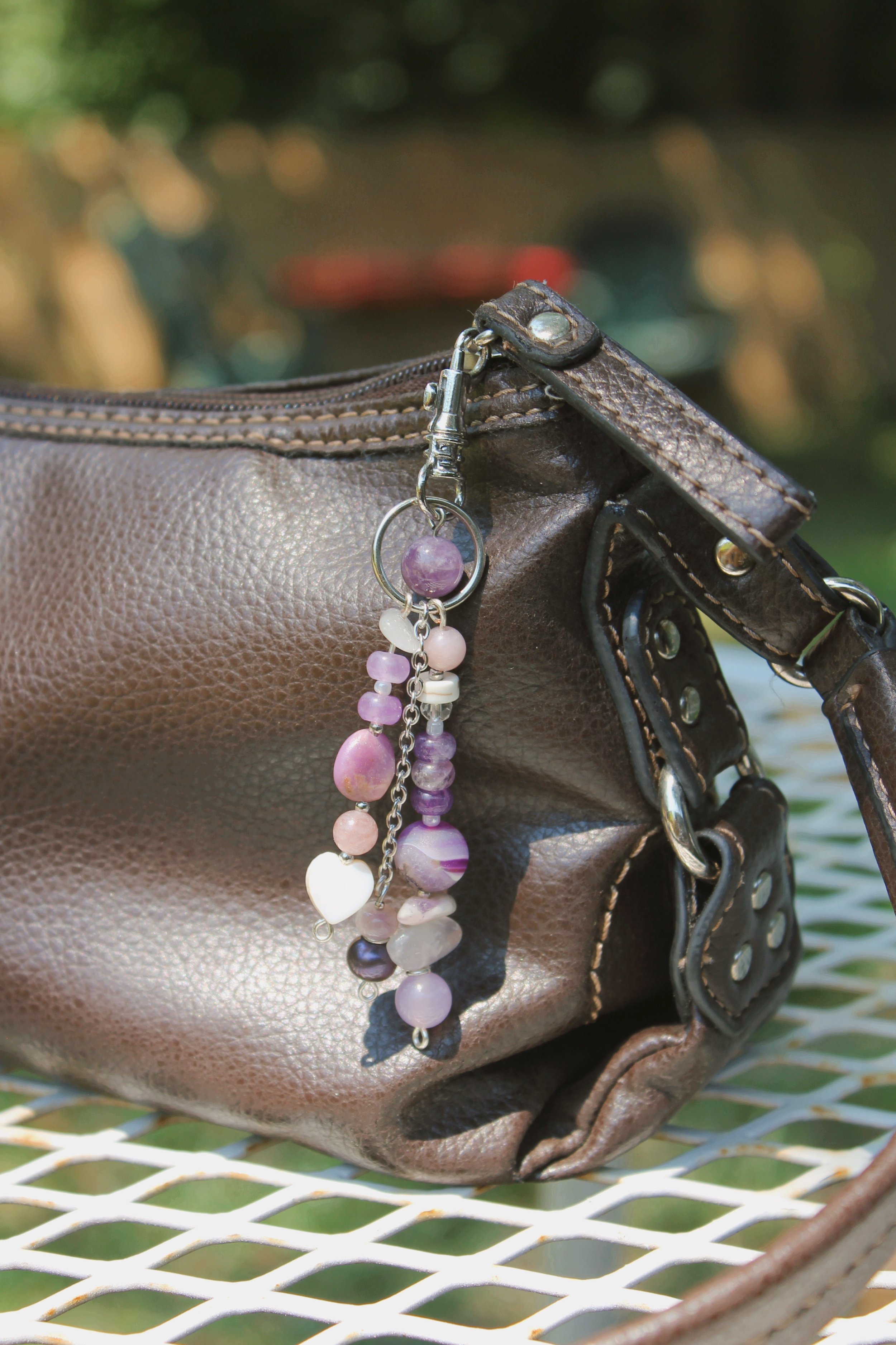 "Purple Haze" Bag Charm in Silver Finishings - $20 | Stones: Amethyst, Purpurite, Clear Quartz, Uncultured Pearl