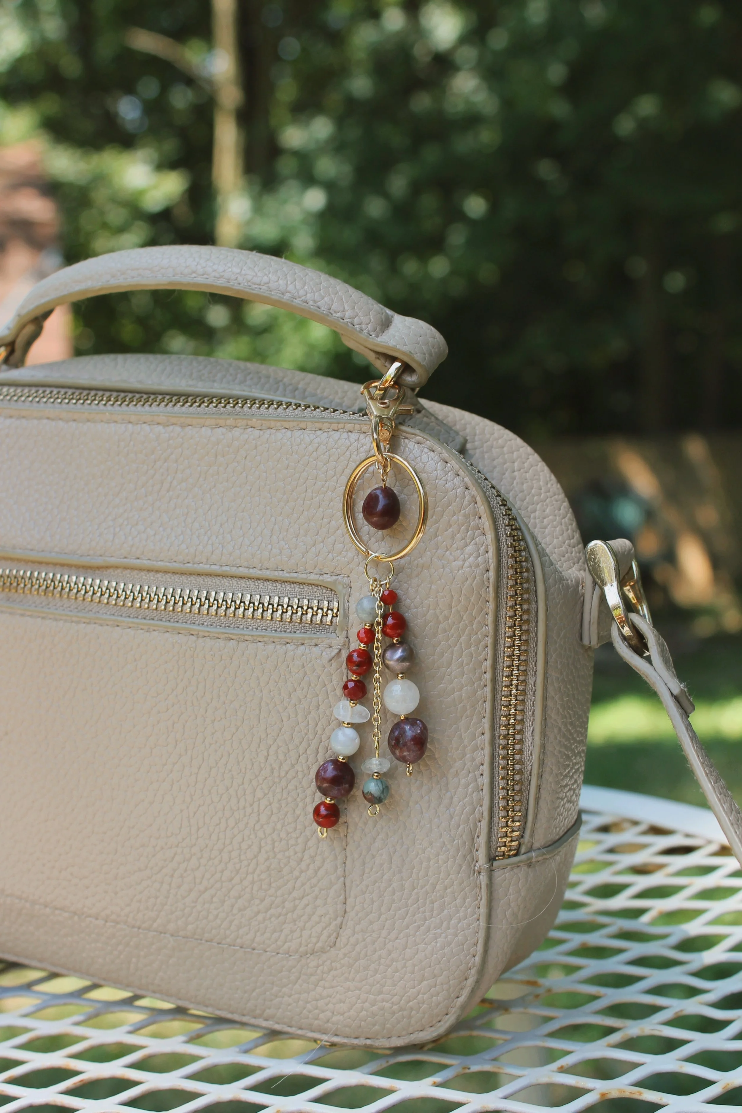 "Ruby Cherries" Bag Charm in Gold Finishings - $20 | Stones: Dyed Quartz, Dyed Nacre, White Quartz, Uncultured Pearl