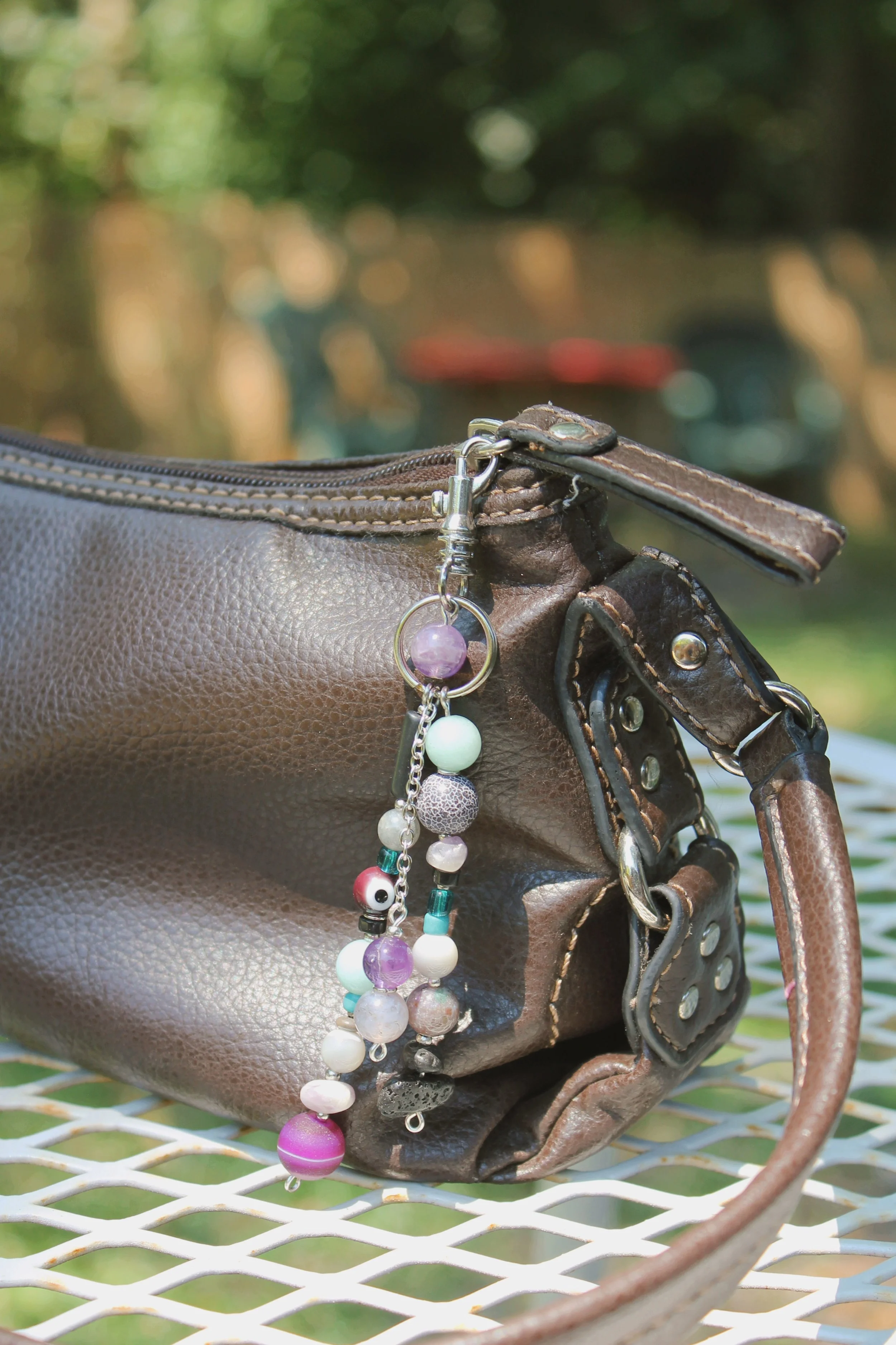 "Peacock Feathers" Bag Charm in Silver Finishings - $20 | Stones: Amethyst, Amazonite, Crackled Agate, Lava Rock Chips