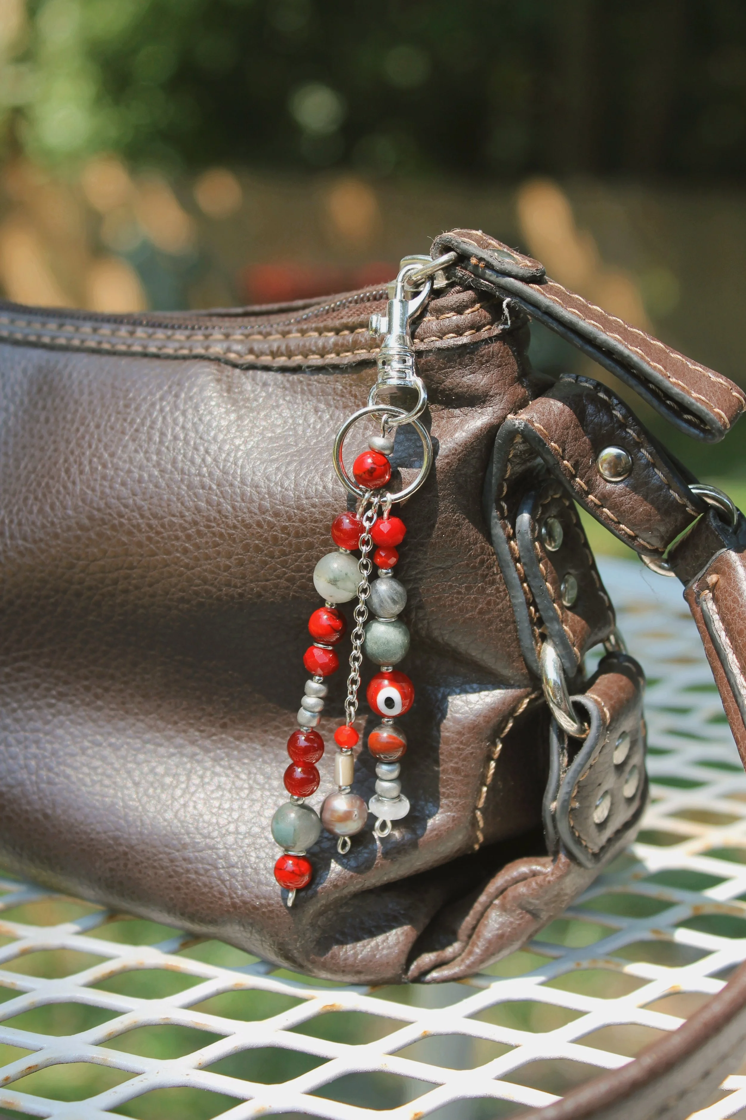 "Hot Embers" Bag Charm in Silver Finishings - $20 | Stones: Labradorite, Dyed Nacre, Uncultured Pearl