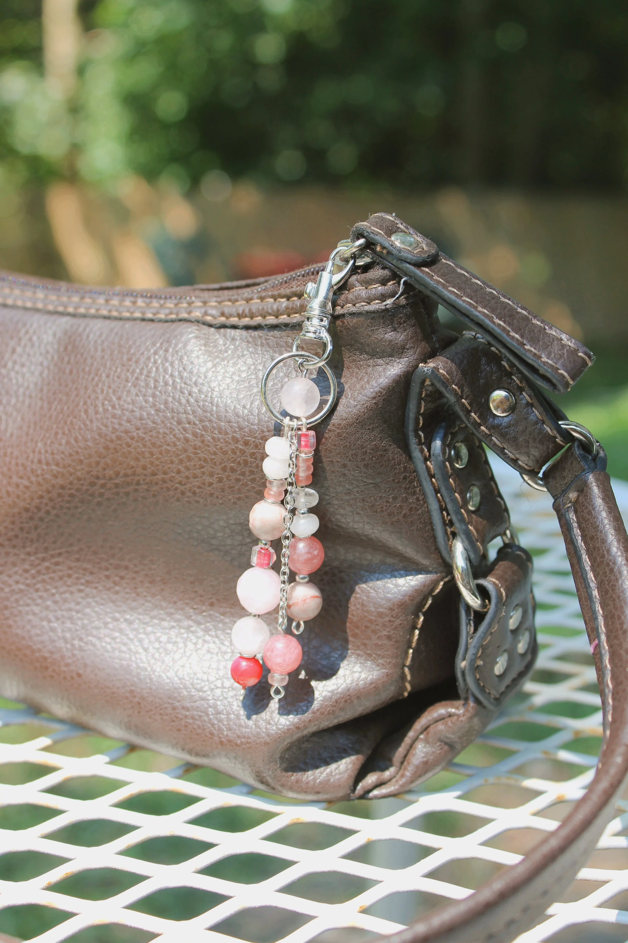 "Rose Blossom" Bag Charm in Silver Finishings - $20 | Stones: Rose Quartz, Strawberry Quartz, Dyed Nacre