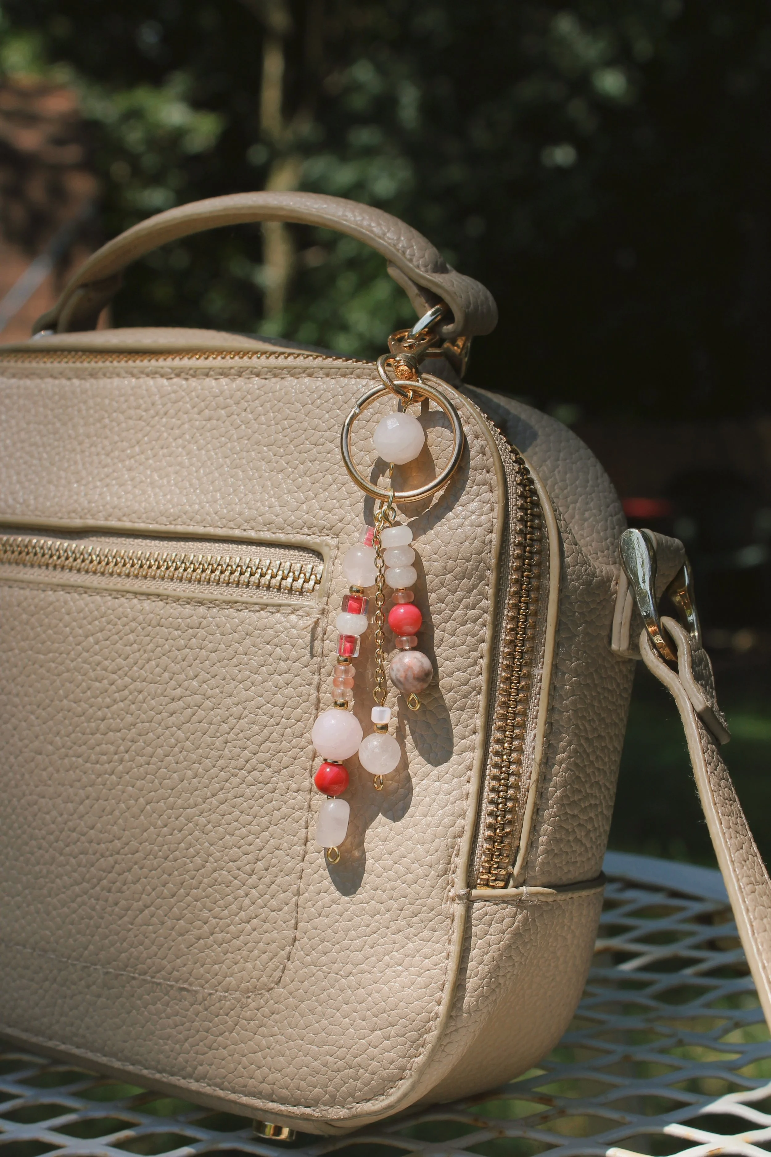 "Rose Blossom" Bag Charm in Gold Finishings - $20 | Stones: Rose Quartz, Dyed Nacre, Strawberry Quartz, Pink Jasper