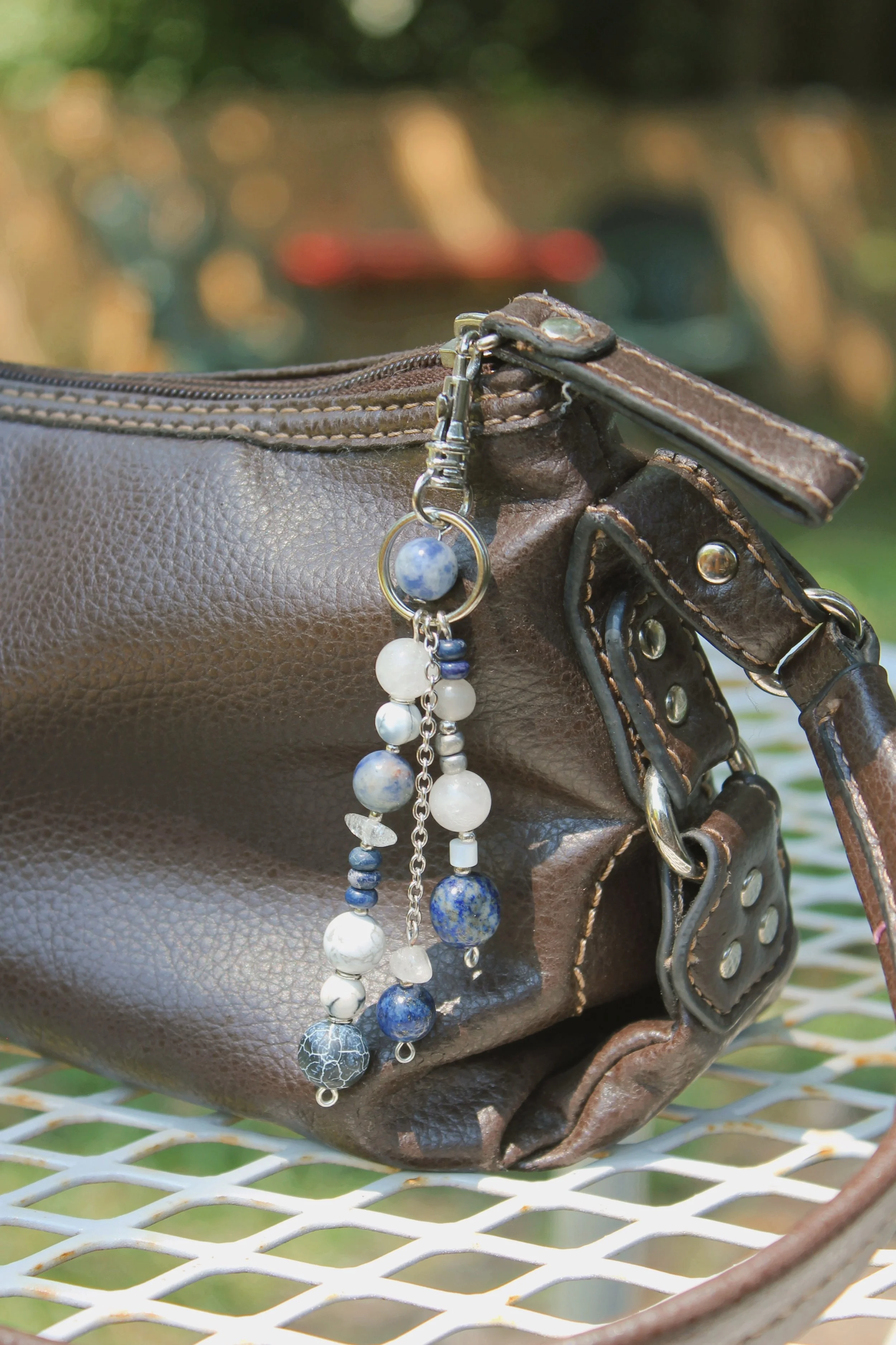 "Winter Morning" Bag Charm in Silver Finishings - SOLD | Stones: Sodalite, White Quartz, Crackled Agate, Lapis Lazuli, Clear Quartz, Moonstone