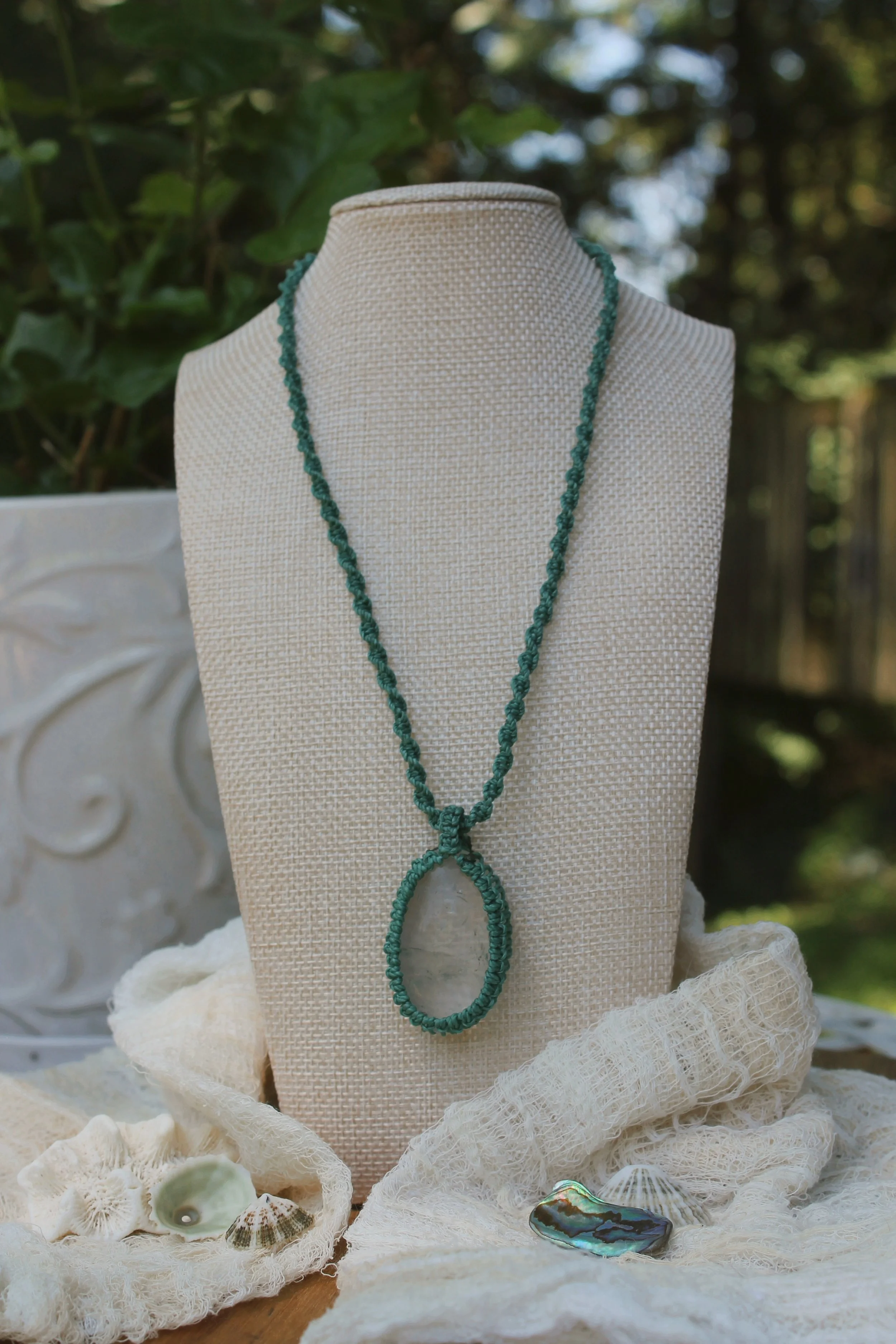 Clear Quartz Spiral Knot Macramé Necklace - $50