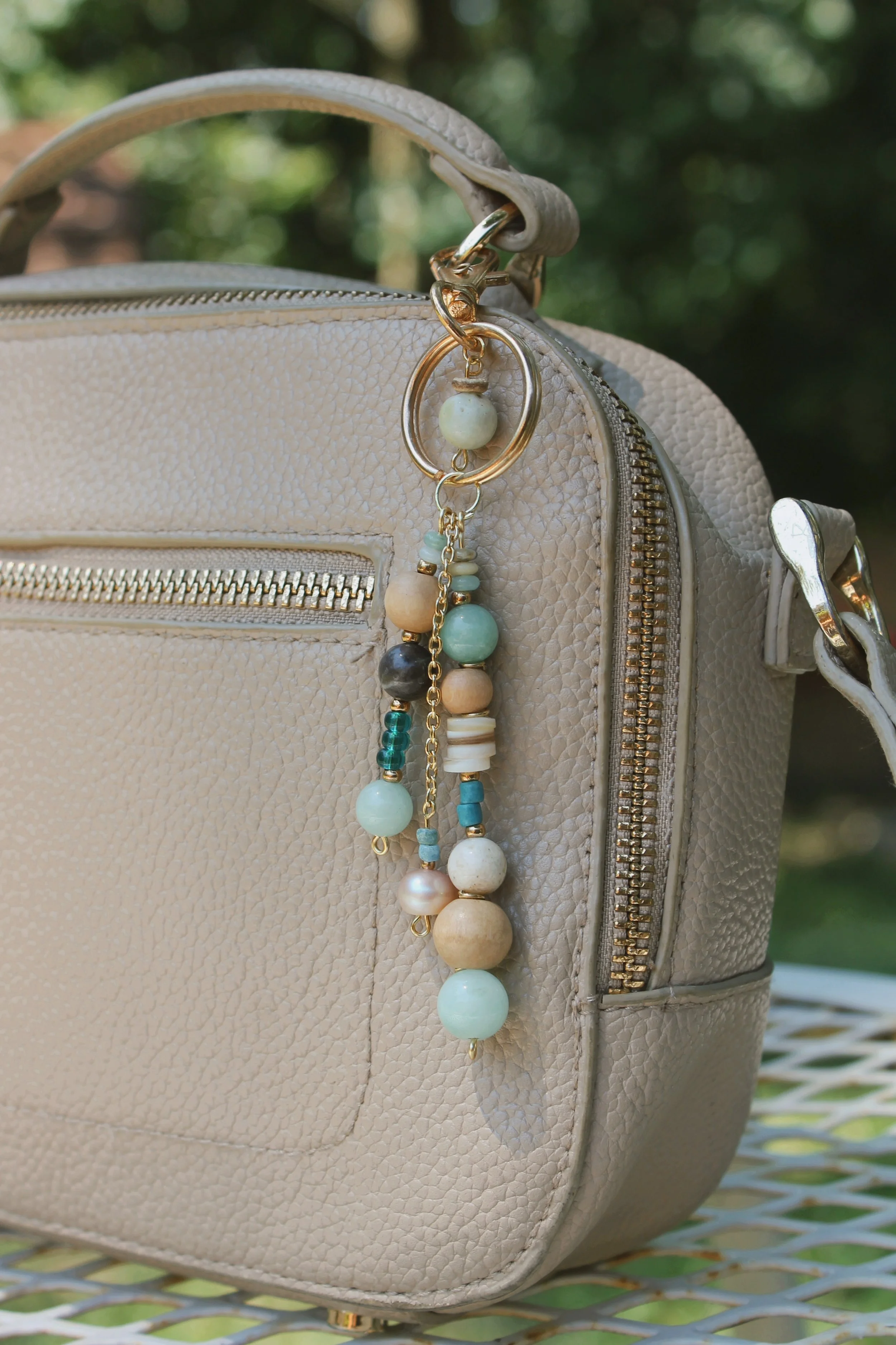 "Seafoam Waves" Bag Charm in Gold Finishings - $20 | Stones: Amazonite, Uncultured Pearl, Wooden Beads