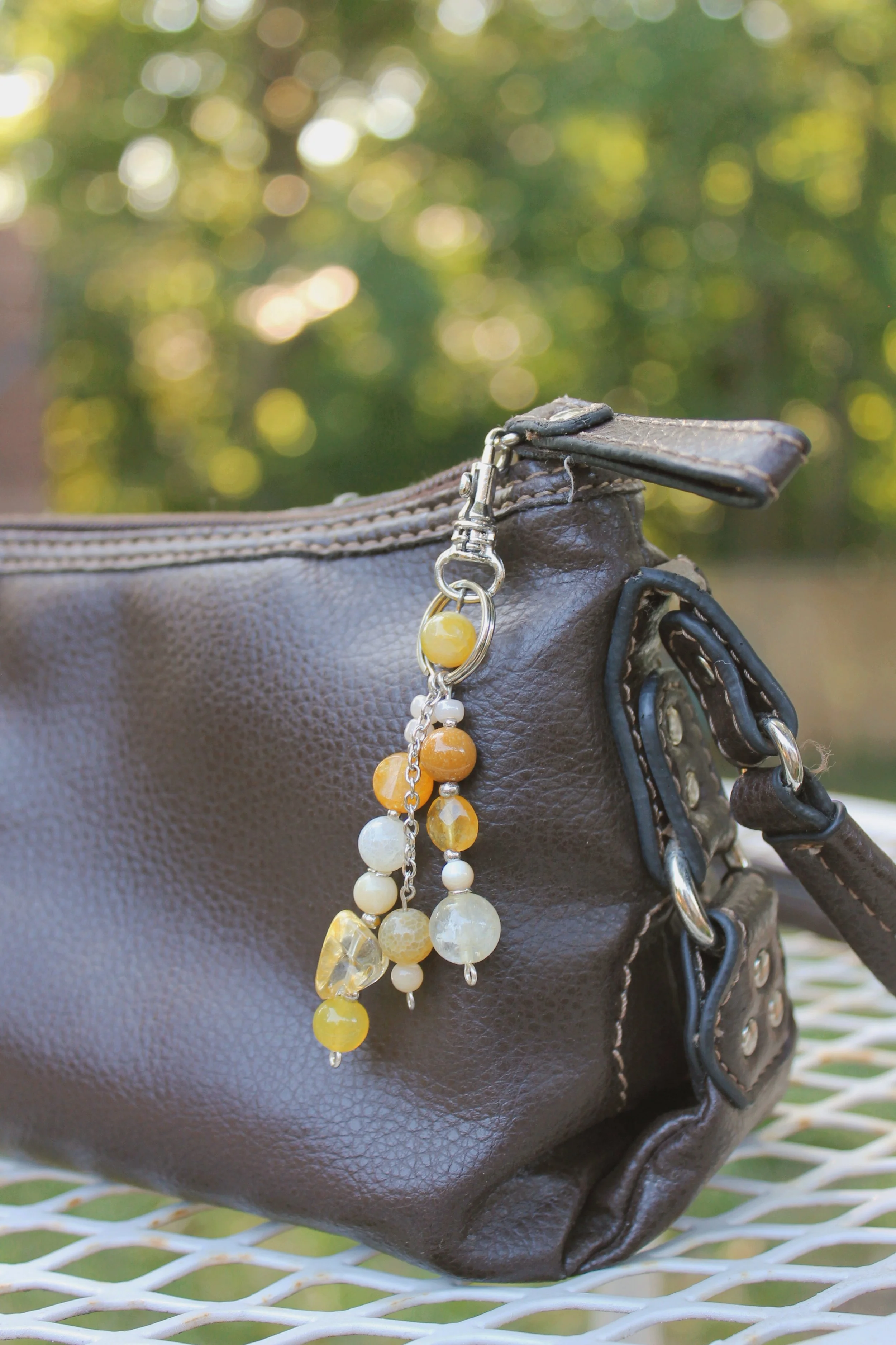 "Midday Sun" Bag Charm in Silver Finishings - $20 | Stones: Citrine, Yellow Dyed Dolomite Jasper, Yellow Imperial Jade