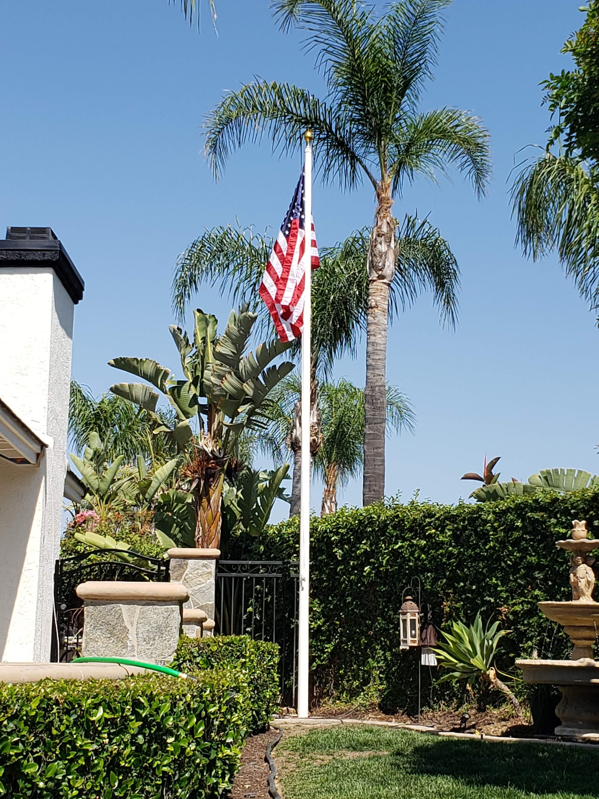 American flag on a flagpole in a garden setting with palm trees and hedge, clear blue sky.