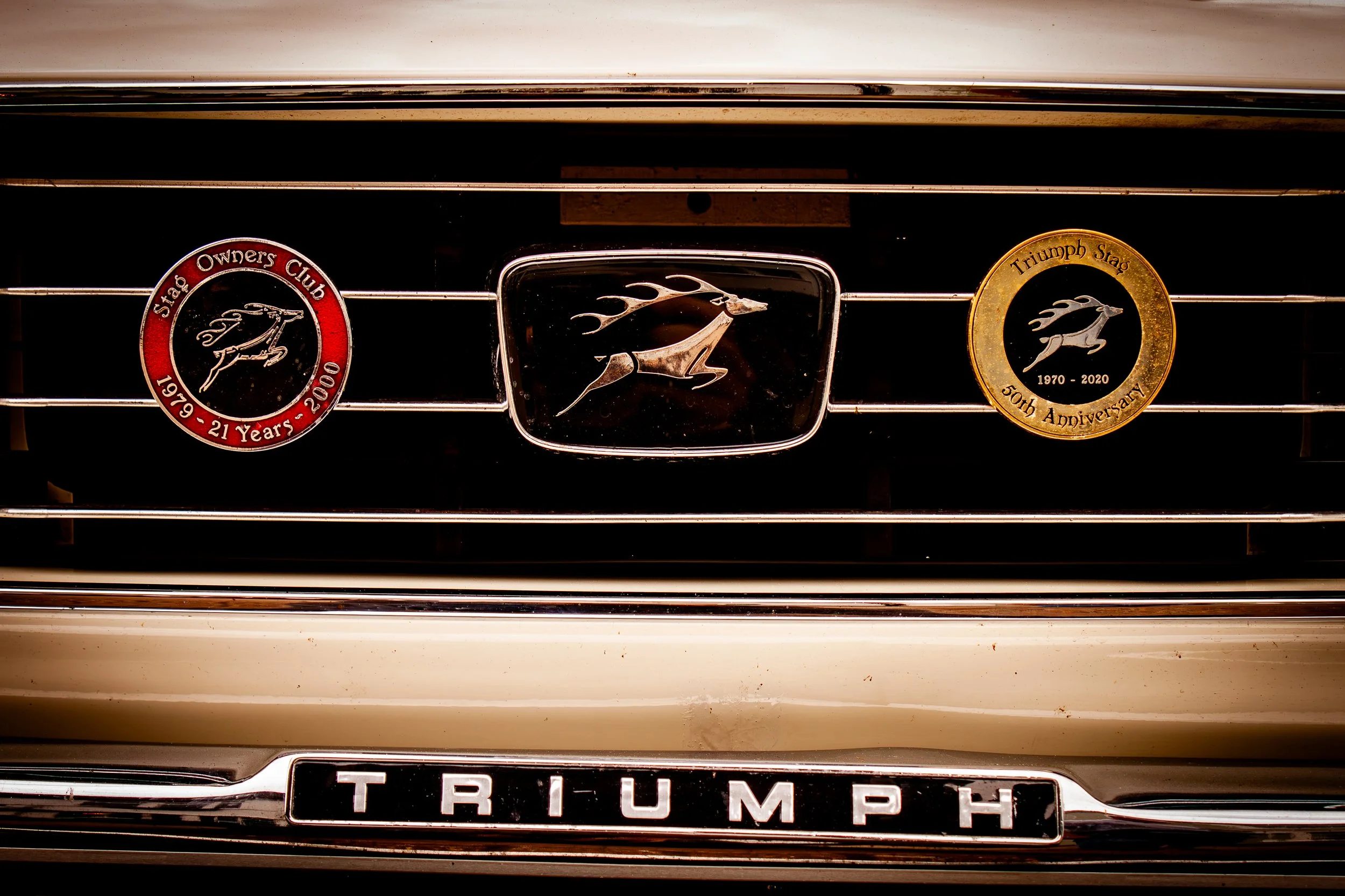 Close-up of the front grill of a Triumph car, featuring two circular badges and the Triumph logo in the center.