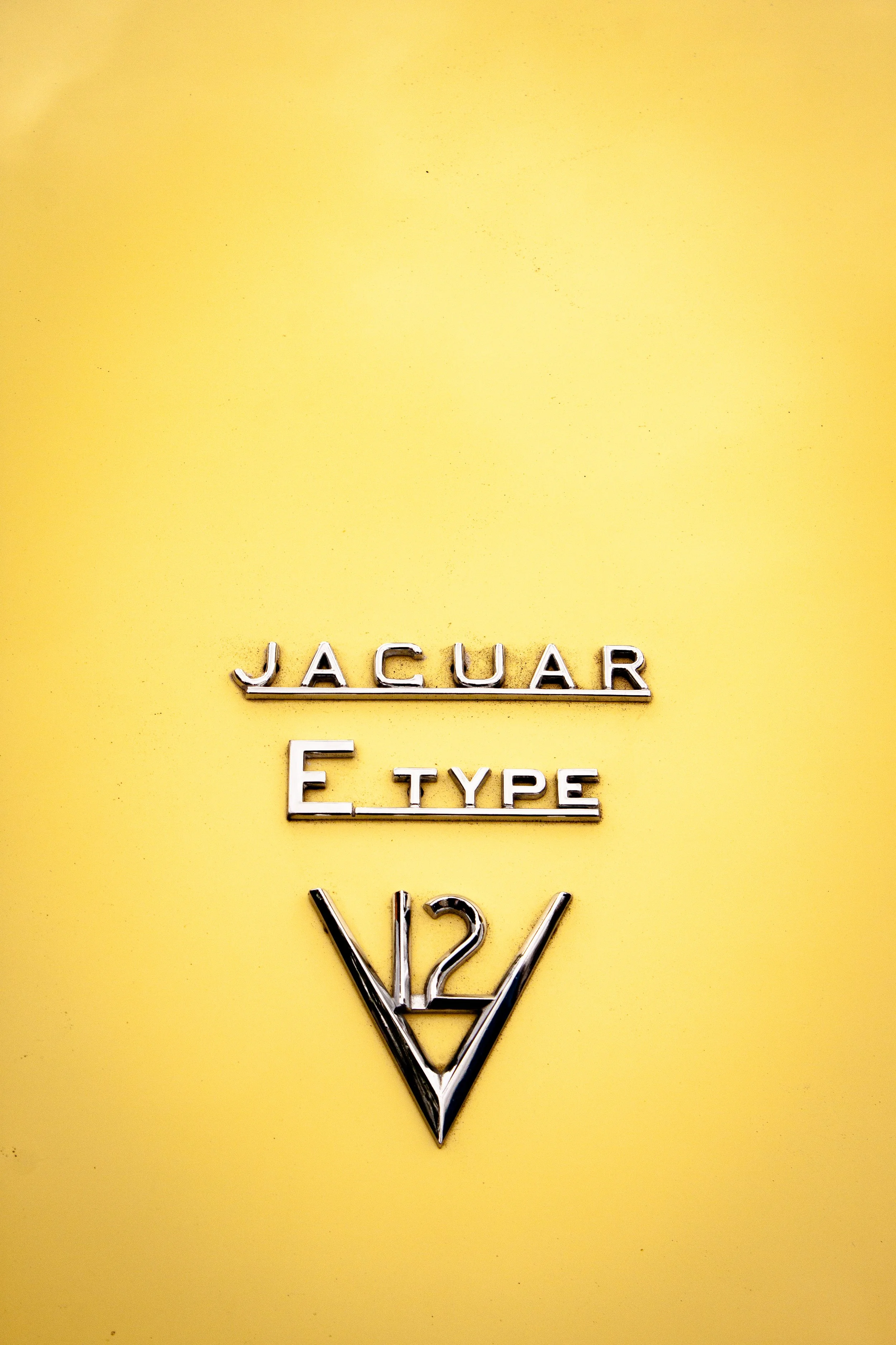 Close-up of a yellow surface with the text 'JAGUAR E TYPE V12' in chrome letters.