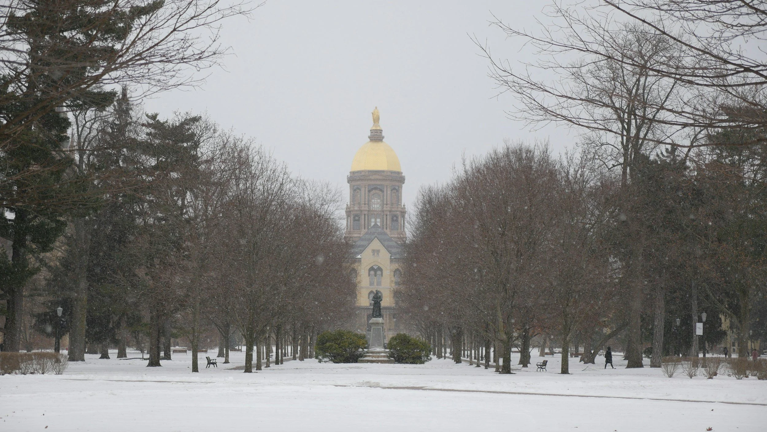 “Golden Dome at the University of Notre Dame framed by trees during a snowy winter day in South Bend, Indiana”