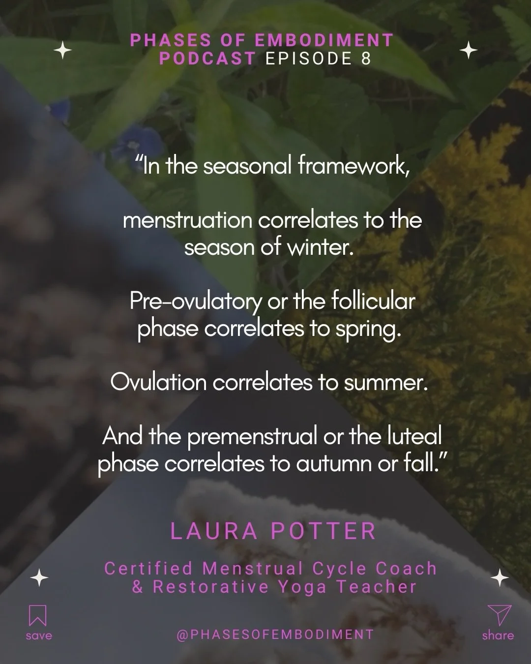 We are cyclical ❄️🌱🌞🍂

Learn to tap into this energy/power in the latest episode of the Phases of Embodiment podcast.

🎧 on Apple Podcasts, Spotify, and more! Link in bio 🔗

#menstrualcycleawareness #period #follicularphase #ovulation #lutealpha