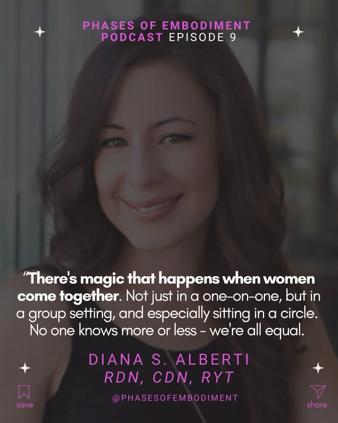 Women circles are a powerful healing practice ✨

My latest guest Diana S. Alberti, is a Women&rsquo;s Circle Facilitator, Registered Dietitian, Mind-Body Nutrition Coach, Yoga Instructor, and Postpartum Health Practitioner, and an absolute wealth of 