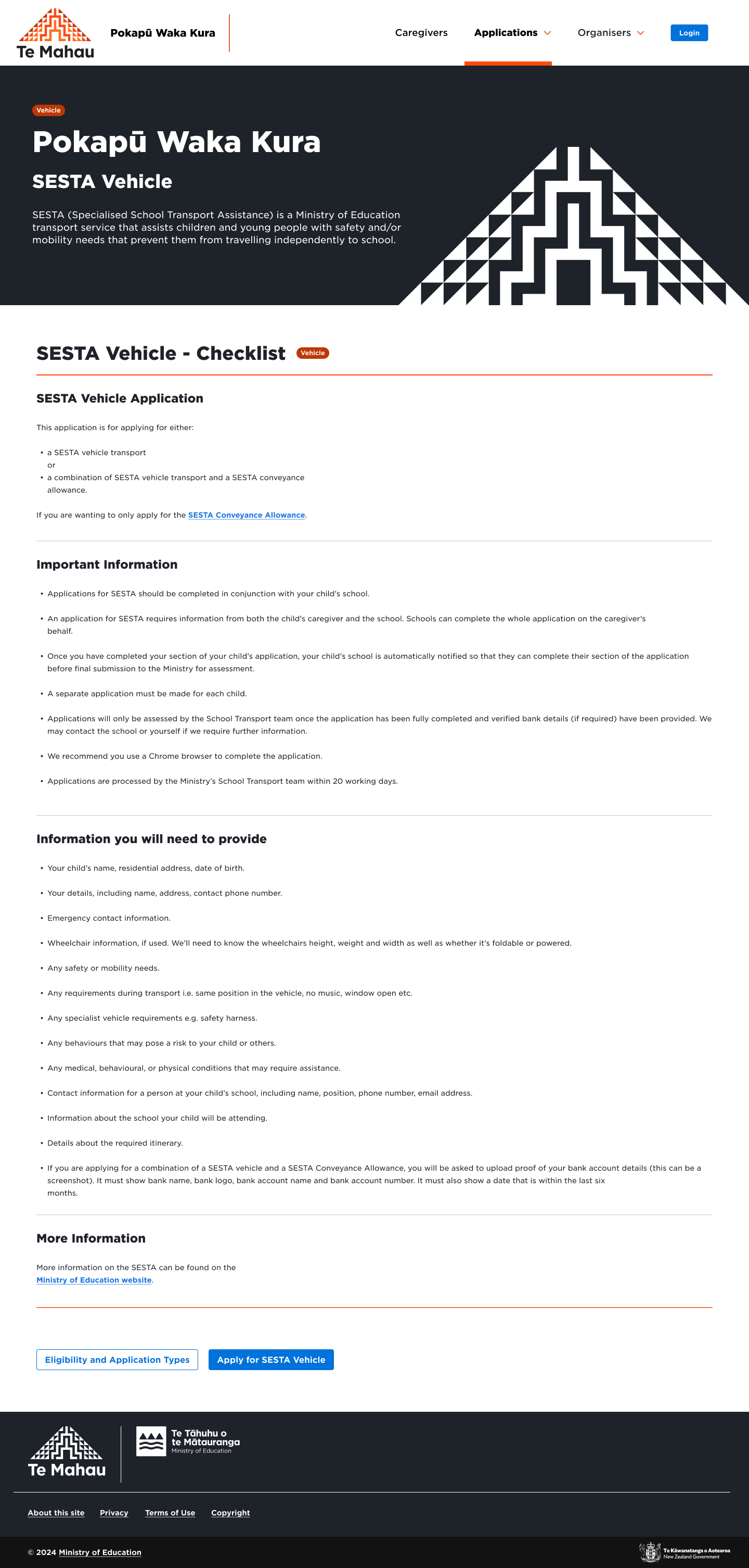 Screenshot of a webpage for the SESTA Vehicle Application by Te Mahau. It provides information on applying for specialized school transport assistance. The page includes a checklist, application requirements, and important information. Links for more