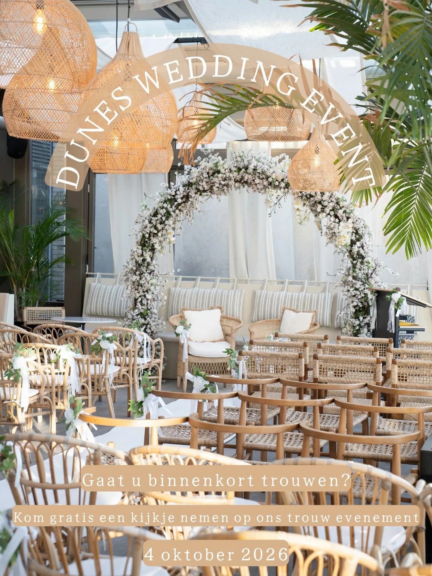 Op zondag 4 oktober is het zo ver! 

Wij nodigen alle toekomstige bruidsparen van Nederland uit, voor dit waanzinnige leuke Dunes wedding event!

Bent u benieuwd hoe trouwen bij Dunes eruit ziet, kom dan langs. 

Wat kan u verwachten, een sprookjes a