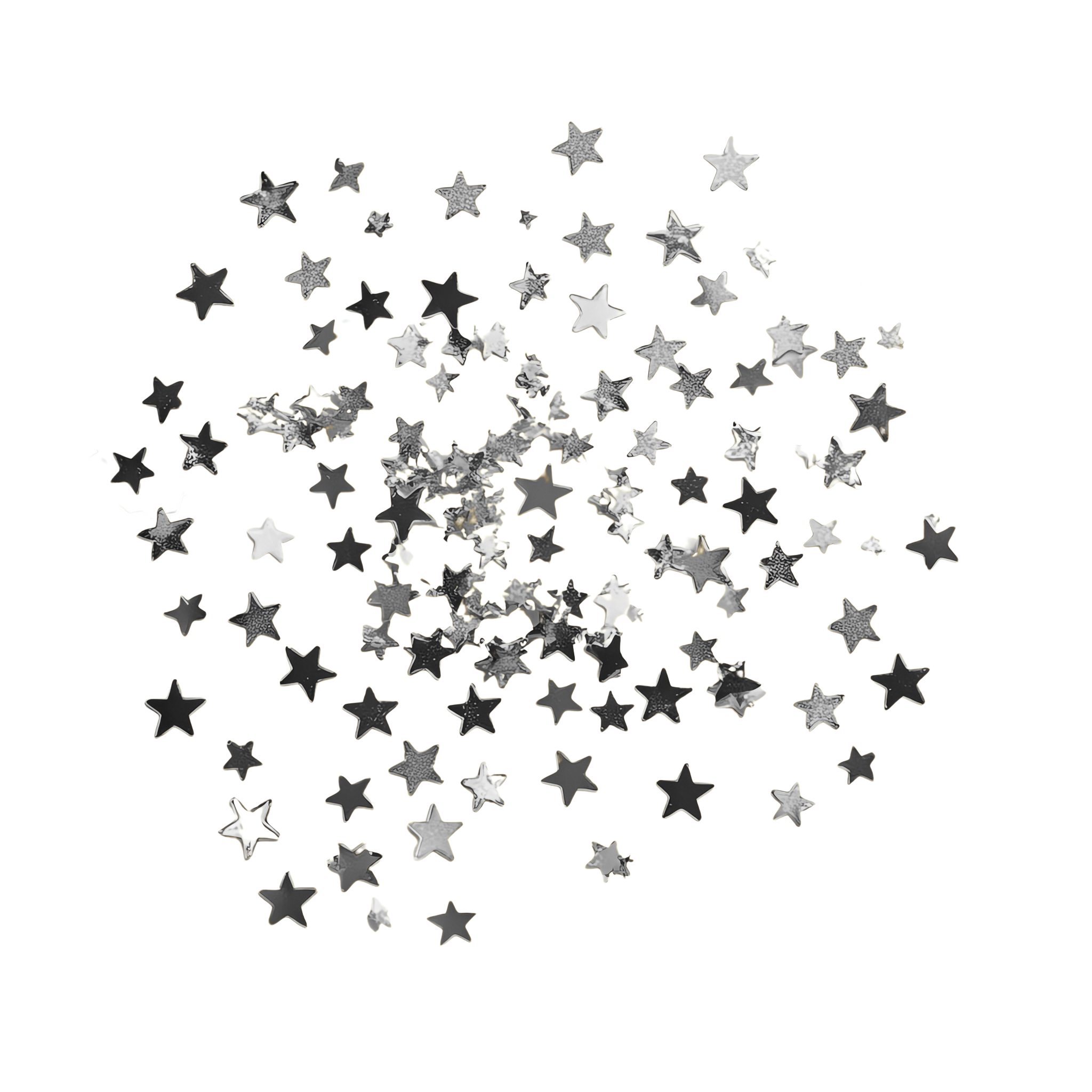 Scattered metallic star-shaped confetti in black, silver, and white colors on transparent background.