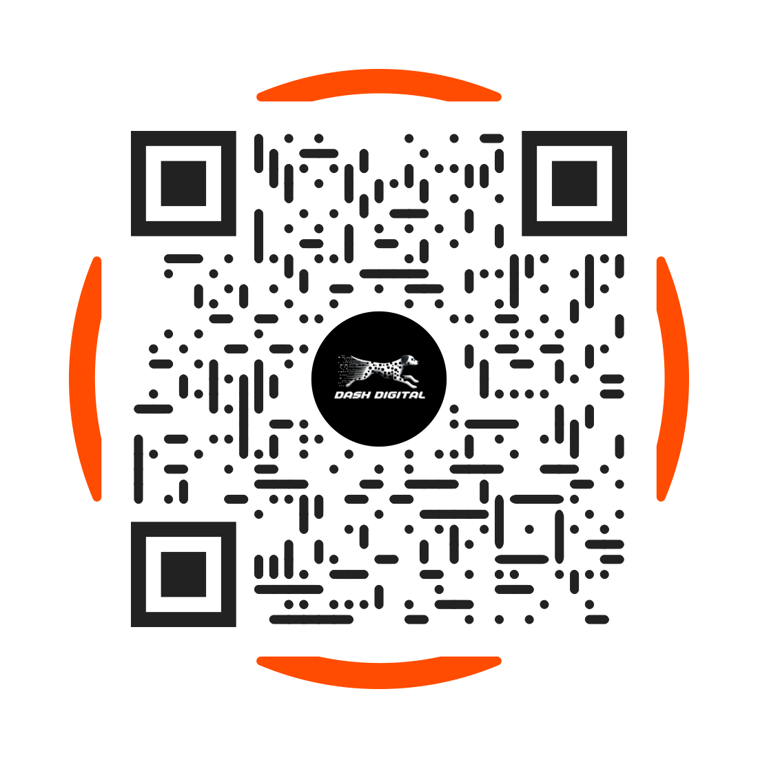 QR code with orange accents and the logo 'Dash Digital' in the center.