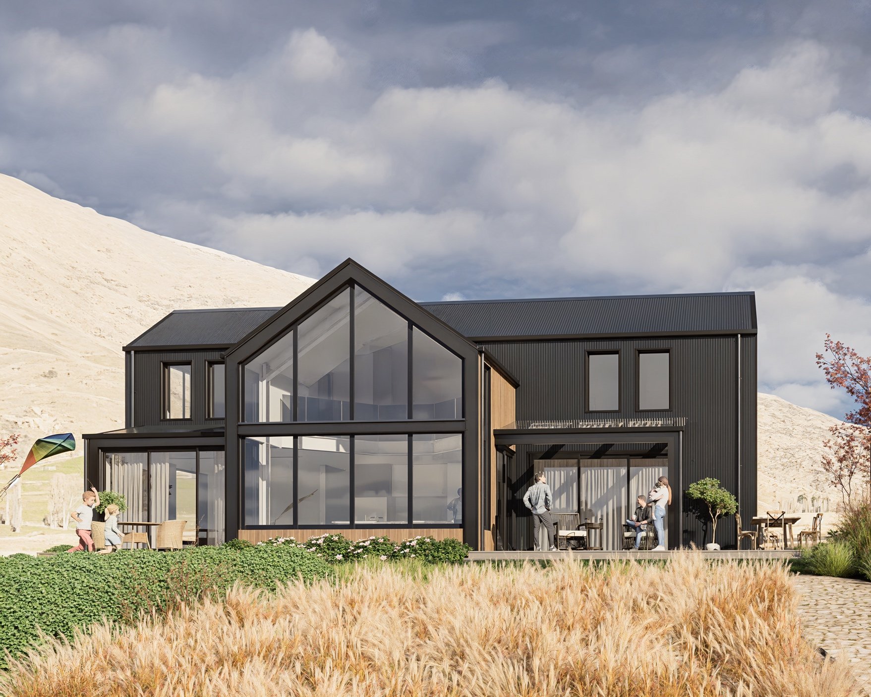 Modern black house in Central Otago, Wanaka, NZ with large glass windows, surrounded by dry grass, featuring people on the patio and a flying kite. By Hark Architects, Otago.