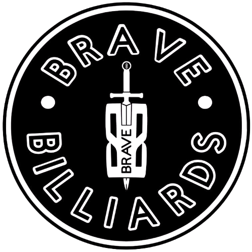 A logo with a black background and white text that says "BRAVE BILIARDS" around the outer circle, and an image of a sword and shield in the center with the word "BRAVE" on the sword.